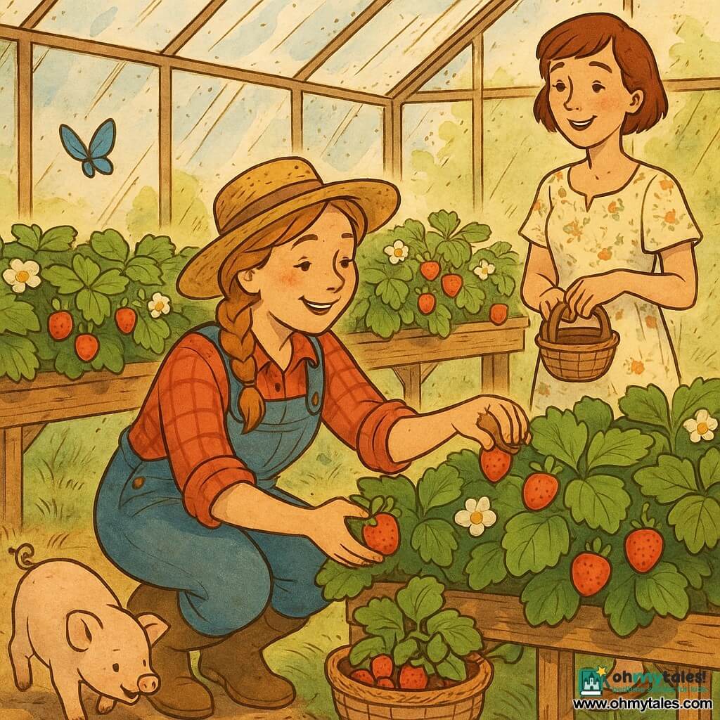 Peasant woman Lily, cheerful and gentle with a round freckled face and light brown hair in a braid wearing a straw hat, red-and-blue plaid shirt, denim overalls and rubber boots, kneels to pick shiny red strawberries in a glass greenhouse; neighbor Sarah, about 30, smiling with short brown hair in a light floral dress, holds a small basket on the wooden terrace beside Lily, watching happily; small chubby piglet Pippin, pale pink with a brown spot, trots near the greenhouse entrance sniffing the muddy ground; the bright greenhouse has slightly fogged glass walls, warm sunlight, wooden tables of green pots, broad shiny strawberry leaves, white flowers and clusters of red strawberries; main scene: Lily reaches for a ripe strawberry with a focused serene expression, a vivid blue butterfly flies above the plants, creating a gentle colorful countryside atmosphere.