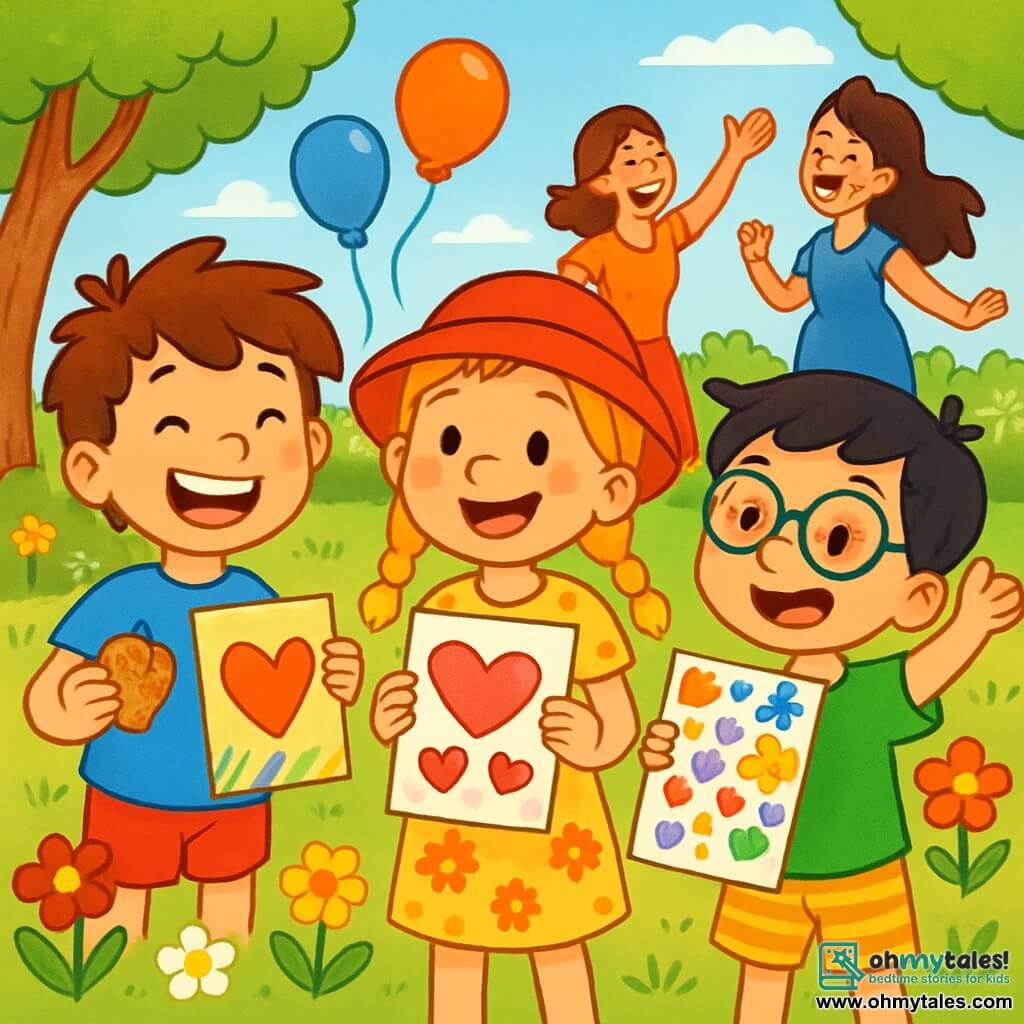 There are 3 characters: - Ben: A 7-year-old boy with messy brown hair, wearing a blue t-shirt and red shorts. He is smiling widely, holding a heart-shaped cookie in one hand and a colorful card in the other. - Mia: A 6-year-old girl with braided blonde hair, wearing a red hat and a floral dress. She is holding a card decorated with hearts and glitter, with a big smile on her face. - Sam: A 7-year-old boy with black hair and round glasses, dressed in a green t-shirt and striped shorts. He is proudly showing off his sticker-filled card, looking joyful. The three friends are standing in a sunny park, surrounded by colorful flowers and floating balloons. Decorated tables with garlands and cakes are visible in the background, and mothers are laughing and dancing around them. The main scene shows the children presenting their handmade gifts to their mothers, with expressions of joy and love on their faces. The bright colors and festive details create a warm and joyful atmosphere, perfect for celebrating Mother's Day.