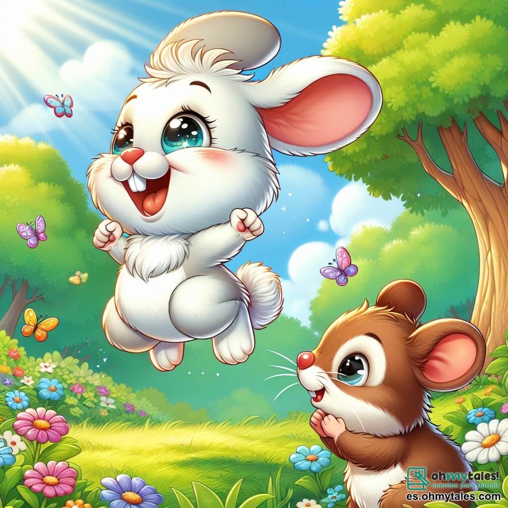 Un pequeño conejo de grandes orejas y pelaje suave y blanco, con ojos brillantes de determinación, salta alegremente en el aire, con una gran sonrisa en su rostro. Se muestra orgulloso y confiado, listo para alcanzar nuevas alturas. Cerca, un pequeño ratón de pelaje marrón, con ojos vivos y una sonrisa alentadora, lo observa con admiración, aplaudiendo para expresar su apoyo y alegría por su amigo. La escena tiene lugar en un claro soleado del bosque, rodeado de flores coloridas y grandes árboles con hojas verdes brillantes. El suelo está cubierto de suave hierba verde, y algunos mariposas bailan a su alrededor, añadiendo un toque de magia al entorno. La situación principal muestra al pequeño conejo en pleno salto, desafiando la gravedad, mientras sus amigos lo animan con entusiasmo, celebrando su confianza y coraje para probar cosas nuevas.