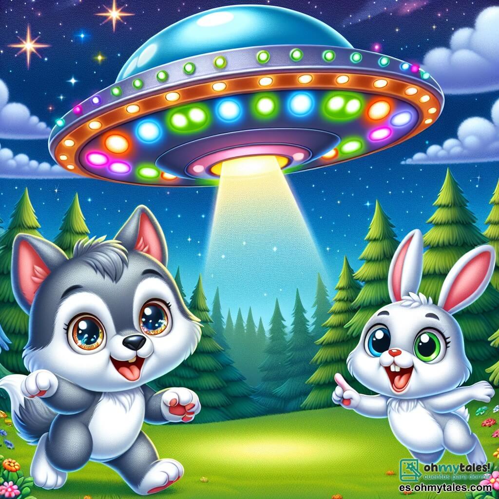 Lupo, un pequeño lobo de pelaje gris y ojos brillantes, se encuentra en el centro de la imagen, maravillado, con una gran expresión de alegría en su rostro. Mira con fascinación un platillo volador brillante, de colores vivos, que flota sobre él. A su derecha, Rino, un pequeño conejo de grandes orejas y pelaje blanco, salta de alegría, con los ojos muy abiertos, mientras señala hacia el cielo. Al fondo, el platillo volador brilla con luces multicolores, mientras que estrellas brillan en un cielo nocturno estrellado. El lugar es un claro verde, rodeado de majestuosos árboles, donde la hierba está salpicada de flores coloridas. La situación principal muestra a Lupo y Rino descubriendo juntos el misterioso platillo volador, llenos de emoción y curiosidad, listos para vivir una aventura increíble.