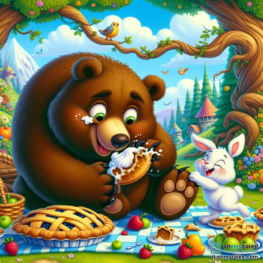 Un grande orso bruno, di nome Bruno, con un pelo morbido e occhi brillanti di curiosità, è seduto su un tappeto da picnic colorato, circondato da deliziose torte e frutta. Ha un'espressione gioiosa e un po' sorpresa, con della panna sul muso, mentre cerca di afferrare una torta che rotola lontano da lui. Accanto a lui, una piccola coniglietta bianca di nome Lella, con grandi orecchie e un sorriso malizioso, osserva la scena ridendo, seduta sull'erba verde, con le zampe incrociate. La foresta incantata li circonda, con alberi dai tronchi nodosi e foglie brillanti, mentre fiori colorati punteggiano il terreno. In lontananza, uccelli dalle piume sgargianti volano nel cielo blu, aggiungendo un tocco di magia all'atmosfera gioiosa. La scena principale mostra Bruno in uno sforzo comico per catturare la torta sfuggente, creando un'atmosfera di leggerezza e umorismo.