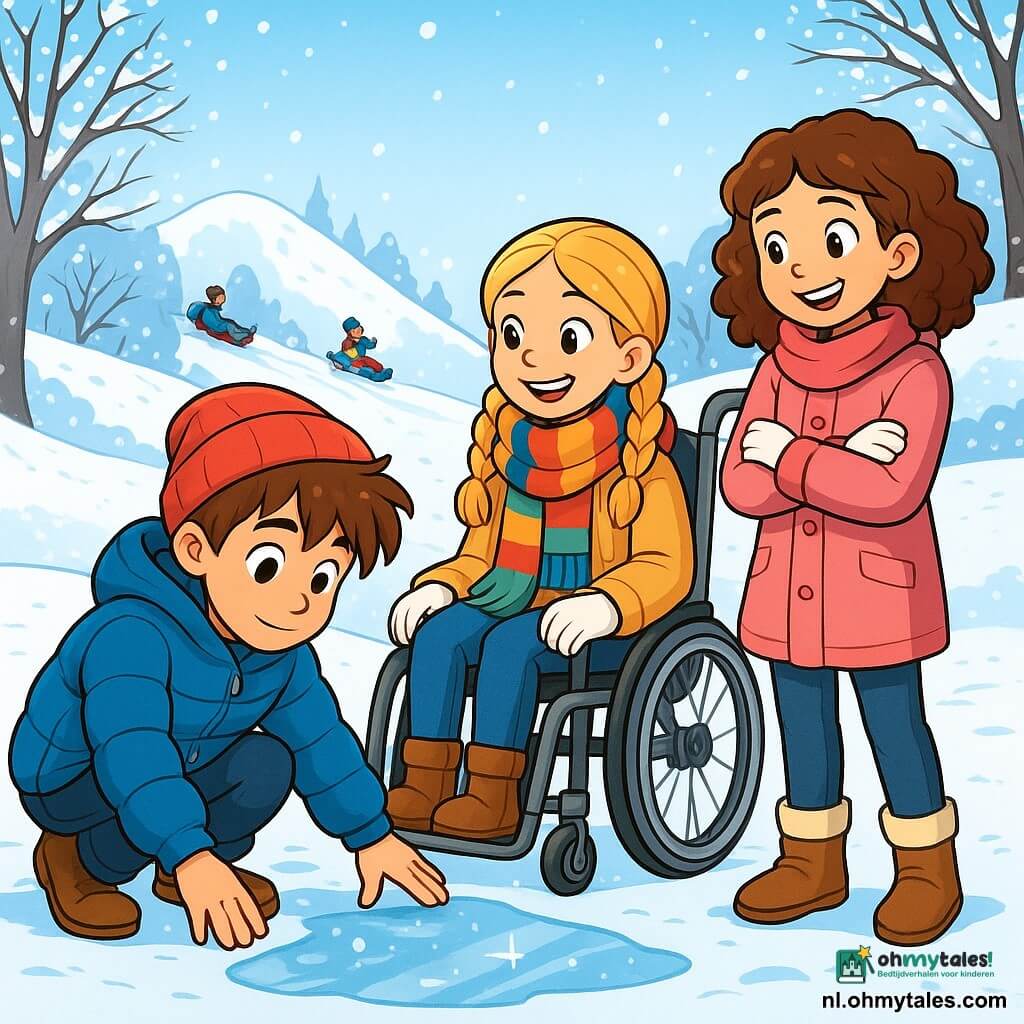 Er zijn 3 personages: - Sam: een 10-jarig jongen met rommelig bruin haar, gekleed in een grote blauwe winterjas en een rode muts. Hij zit in een hurkpositie en bekijkt een grote glanzende ijsplaat op de grond. - Noor: een 9-jarig meisje met gevlochten blond haar, zittend in haar mooie rolstoel, ingepakt in een kleurrijke sjaal. Ze glimlacht blij terwijl ze naar Sam kijkt. - Lotte: een 10-jarig meisje met krullend kastanjebruin haar, gekleed in een roze jas en witte handschoenen. Ze staat naast Noor met haar armen gekruist, klaar om van de sneeuw te glijden. De locatie is een klein winterpark, waar een grote heuvel bedekt met glinsterende sneeuw op de achtergrond staat. Blote bomen omringen het veld, met takken versierd met sneeuwvlokken. Een klein bevroren wateroppervlak glinstert in de zon, en kinderen lachen in de verte terwijl ze met sleetjes glijden. De belangrijkste situatie toont Sam die de stevigheid van het ijs test, terwijl Noor hem aanmoedigt met een glimlach en Lotte zich voorbereidt om zich bij hen te voegen voor een ritje met de slee. De sfeer is vrolijk, vol opwinding en kameraadschap, met sneeuwvlokken die zachtjes om hen heen vallen.