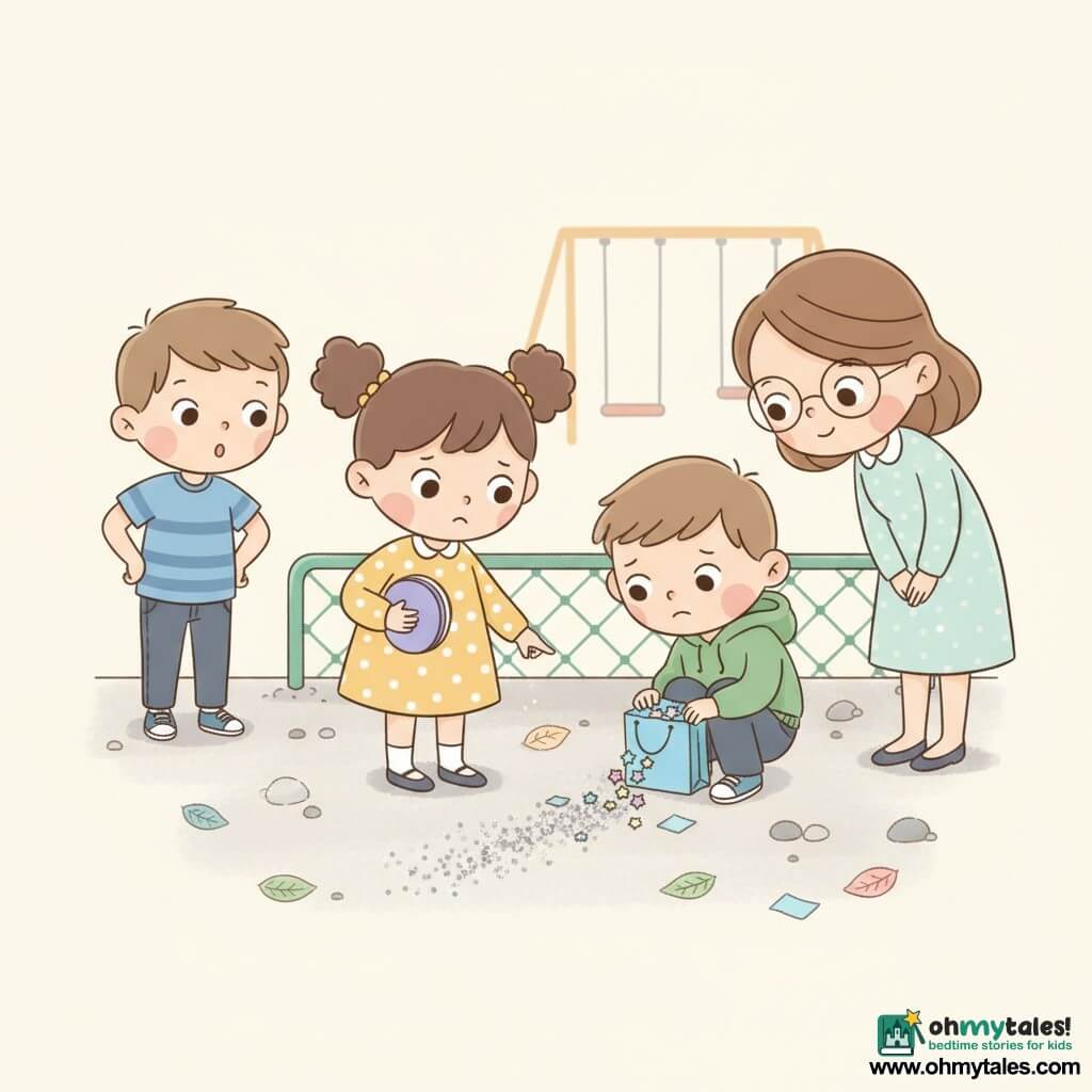 Mina, a 6-year-old girl, surprised and sweet with a serious but smiling face, brown pigtails, wearing a yellow dress with white polka dots, holds a small purple notebook and points to a trail of silver glitter on the ground; Jasper, a ~6-year-old boy, ashamed but kind, in a green hoodie, crouches beside her holding an open blue gift bag with star stickers peeking out; Ben, a 5–7-year-old boy, surprised and curious in a blue striped T-shirt, stands slightly back left with hands on his hips watching the scene; Ms. Lark, a gentle calm teacher in a pastel dress with round glasses, stands right, leaning toward the children with a reassuring smile; the setting is the schoolyard at dusk with light concrete, a low green metal fence, scattered pebbles, leaves, glitter and small blue paper bits, blurred swings in the background; the main moment is a kind confrontation as they discover the lost stickers, soft pastel colors and a clear, child-friendly composition.