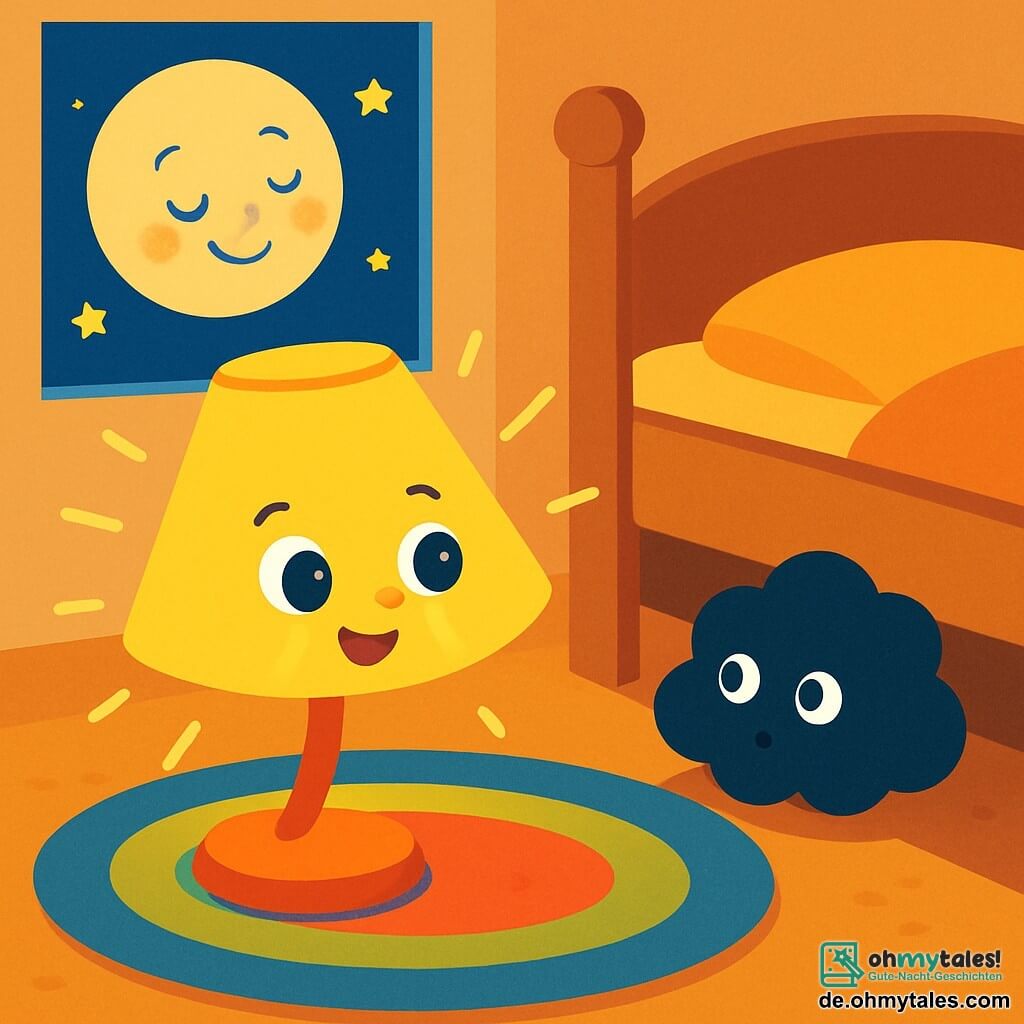 Eine kleine lächelnde Lampe mit einem gelben Lampenschirm und funkelnden Augen strahlt sanft auf einem bunten, weichen Teppich. Sie wirkt fröhlich und neugierig und erhellt ihre Umgebung mit warmem Licht. Neben ihr versteckt sich ein geheimnisvoller Schatten, der wie eine kleine schwarze Wolke aussieht, unter einem Holzbett. Der Schatten wirkt schüchtern und verspielt, bewegt sich langsam und beobachtet die Lampe. Im Hintergrund zeigt ein Fenster einen sternenklaren Himmel mit einem großen, sanften Mondgesicht, das lächelt und der Szene einen magischen Touch verleiht. Die Lampe, voller Energie, beleuchtet die dunkle Ecke des Raumes und versucht, das Geheimnis des Schattens zu verstehen.