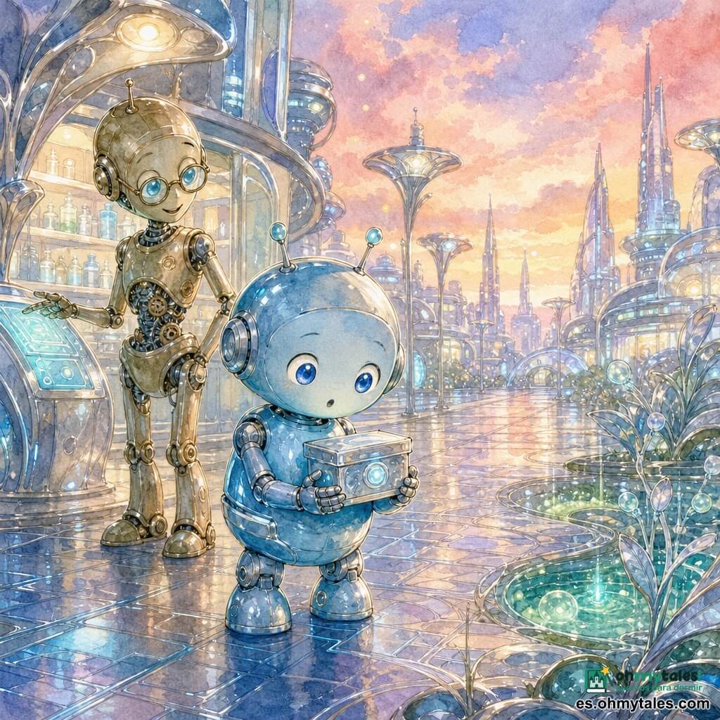 Un pequeño robot redondo y amistoso (protagonista), cuerpo de metal pulido azul cielo con antenas cortas y ojos LED redondos; expresión maravillada y curiosa, sostiene con cuidado una pequeña caja metálica brillante entre sus manos articuladas y mira al suelo. Un antiguo robot sabio (secundario), esbelta silueta de latón patinado con engranajes visibles y gafas redondas, sonrisa benigna, de pie ligeramente atrás a la izquierda apoyando una mano en una consola luminosa como explicando algo. Humedales filtrantes (elemento vivo secundario) en primer plano a la derecha: pequeñas vasijas de agua verde jade fosforescente bordeadas de plantas metálicas plateadas con burbujas luminosas. Lugar: una amplia calle de ciudad futurista pavimentada con losas holográficas, edificios de vidrio y cromo que ondulan, farolas orgánicas en forma de flores metálicas y cielo crepuscular con nubes rosas y reflejos dorados. Situación: el robot explorador sale de la farmacia con medicamentos y observa asombrado mientras el robot antiguo le explica el “corazón” de la ciudad; escena tranquila, luminosa y llena de detalles tecnológicos reconfortantes.