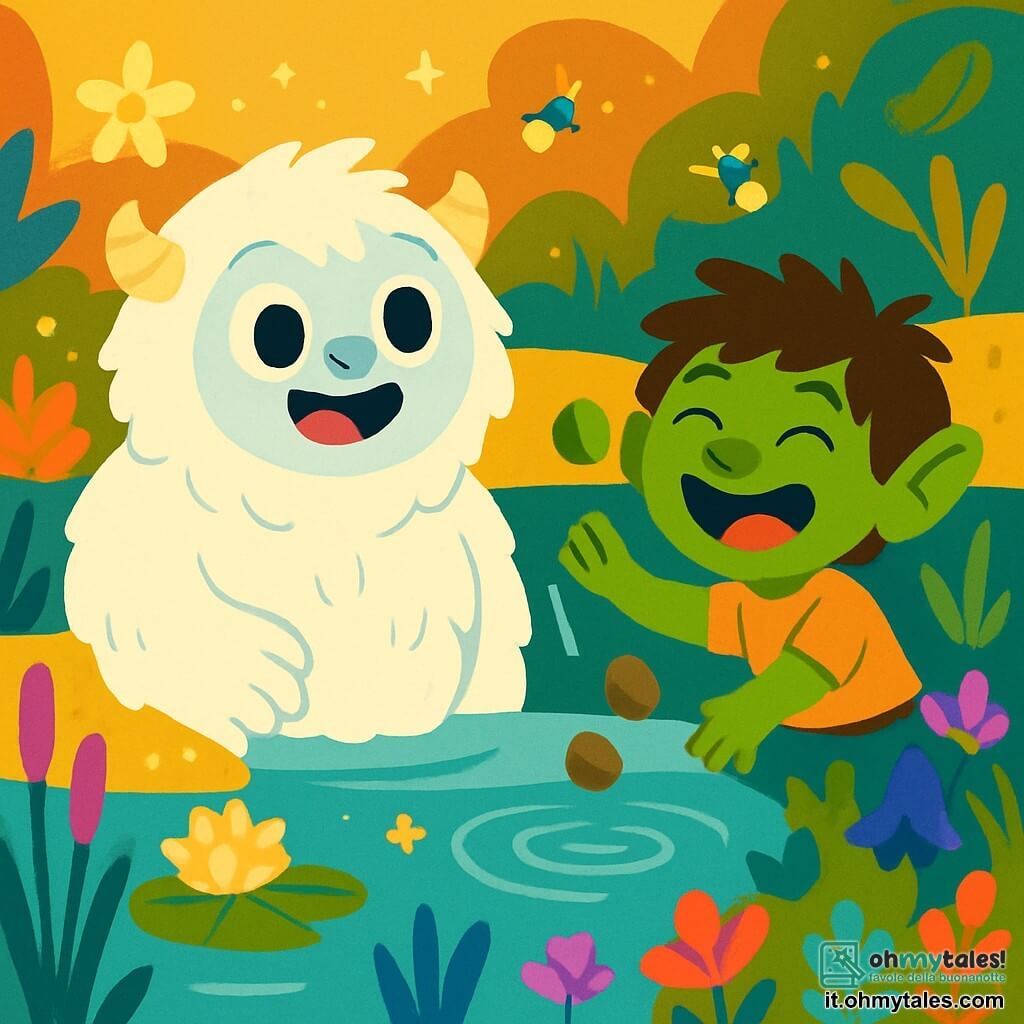 Un yeti dolce e amichevole, di nome Yuko, con un pelliccia bianca e soffice, occhi brillanti e rotondi, sorride con meraviglia. Sta giocando in una palude magica, circondato da creature fantastiche. Accanto a lui, un troll di nome Timo, un ragazzo con capelli arruffati e pelle verde, ride gioiosamente mentre lancia sassolini nell'acqua. La palude è piena di piante colorate, fiori scintillanti e lucciole danzanti, creando un'atmosfera da favola. La scena principale mostra Yuko e Timo che si divertono insieme, ridendo e giocando, mentre una dolce luce dorata illumina il paesaggio incantevole.