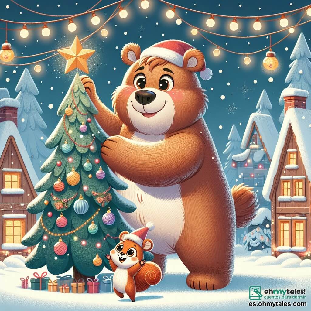 Un gran oso de peluche llamado Berto, con un pelaje marrón y suave, está de pie frente a un hermoso árbol de Navidad decorado con luces brillantes y guirnaldas coloridas. Tiene una gran sonrisa en su rostro, los ojos brillando de alegría, mientras coloca una estrella dorada en la cima del árbol. A su lado, una pequeña ardilla llamada Lila, con pelaje rojizo y ojos vivos, salta de alegría levantando las patas delanteras. Lleva un pequeño gorro de Navidad rojo y parece encantada de compartir este momento mágico con Berto. El decorado es un encantador pueblo nevado, con casas de madera con techos cubiertos de nieve, copos cayendo suavemente del cielo y luces brillantes que iluminan las calles. La escena muestra a Berto y Lila celebrando juntos la magia de la Navidad, rodeados de un paisaje de ensueño, llenos de felicidad y amistad.