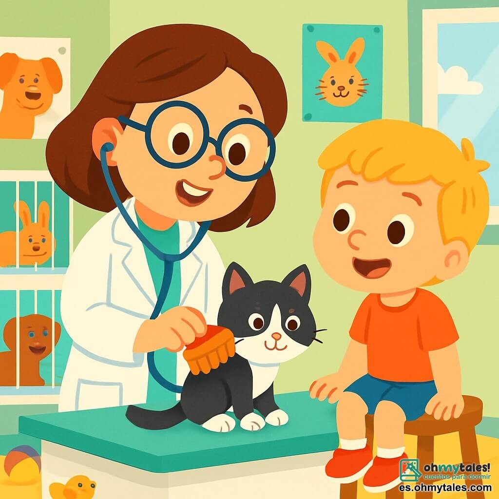 La doctora Ana es una mujer sonriente, con cabello castaño y gafas redondas. Lleva una bata blanca y sostiene un estetoscopio en sus manos, mostrando una expresión de alegría y determinación. A su lado, un niño de 7 años, con cabello rubio y ojos brillantes, observa con curiosidad un gatito blanco y negro que Ana examina. El niño está sentado en un taburete de madera, con las piernas colgando, y sonríe con asombro. La escena se desarrolla en una clínica veterinaria luminosa y acogedora, con paredes pintadas de verde pastel, carteles coloridos de animales y juguetes esparcidos por el suelo. Jaulas transparentes albergan animales felices, y una gran ventana deja entrar la luz del sol. Ana le explica al niño cómo cuidar del gatito, mostrándole cómo cepillarlo suavemente, mientras el gatito, con sus grandes ojos curiosos, parece disfrutar de toda la atención que recibe.