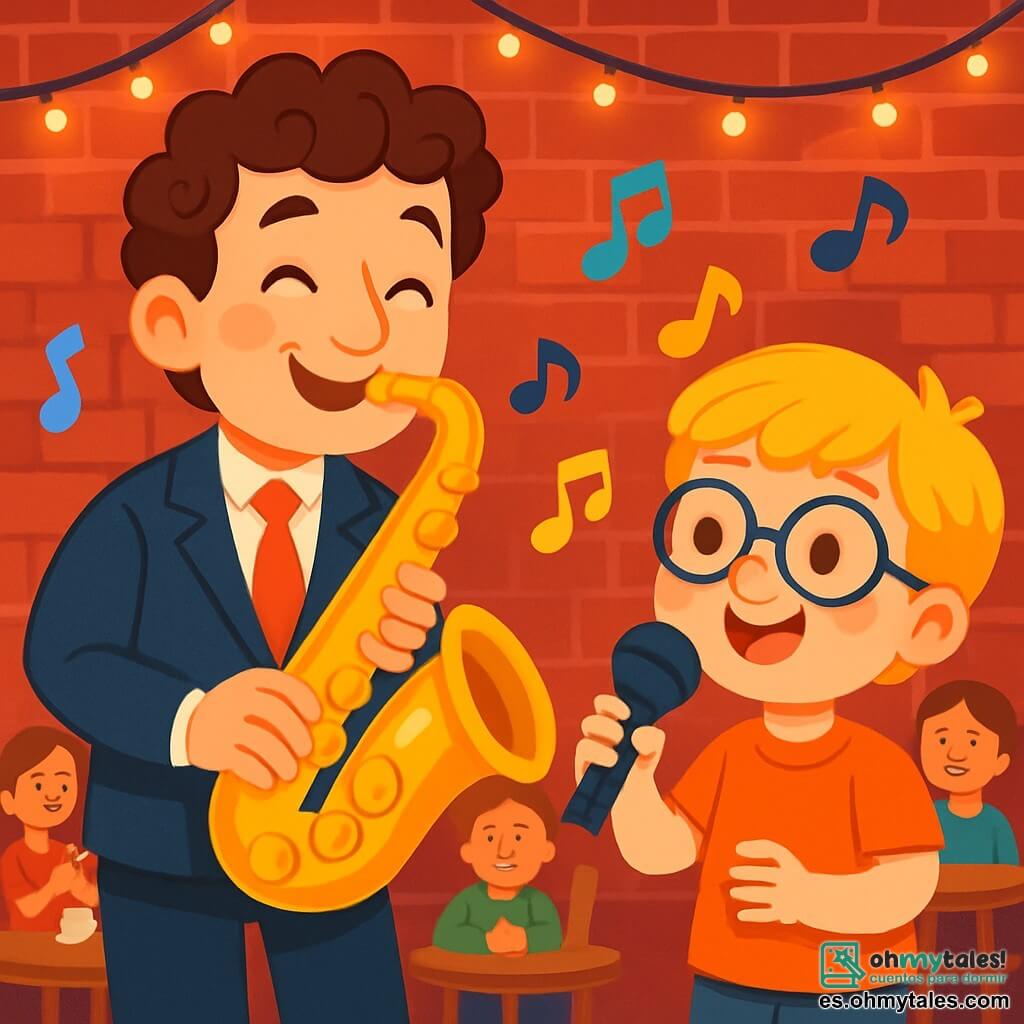 Un hombre sonriente, con cabello castaño y rizado, lleva un traje elegante y toca un saxofón dorado en el escenario. Sus ojos brillan de alegría y su rostro expresa una profunda pasión por la música. A su lado, un niño de 8 años, con cabello rubio y gafas redondas, sostiene un micrófono y canta con entusiasmo, sus mejillas sonrojadas por la emoción. Están en un acogedor club de jazz, con paredes de ladrillo rojo, decoradas con luces centelleantes y mesas de madera donde los espectadores sonrientes los escuchan. La escena está llena de notas musicales flotantes, creando una atmósfera mágica y alegre, mientras el niño y el hombre comparten un momento inolvidable de música y amistad.