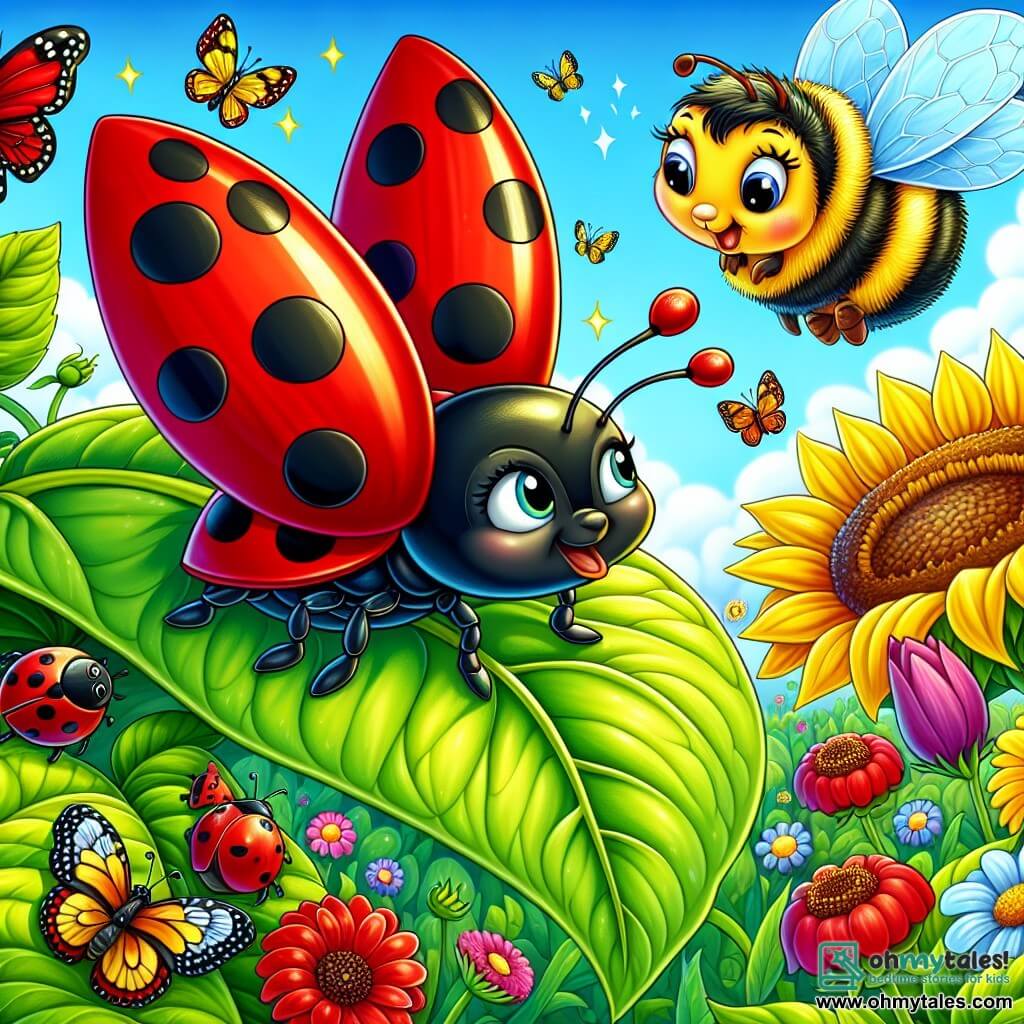 An illustration depicts a small ladybug with bright red wings dotted with black spots, perched on a large green leaf. It spreads its shiny wings, ready to take off, with a determined and joyful expression. Nearby, a bumblebee with yellow and black stripes, eyes sparkling with excitement, buzzes around it, encouraging with a friendly smile. Not far off, a small bunny with big ears and soft fur looks on anxiously yet hopefully, ready to support its friend. The main setting is a vibrant garden filled with colorful flowers, swaying sunflowers, and a clear blue sky dotted with fluffy white clouds. The main scene shows the ladybug taking flight, surrounded by friends, overcoming fear to embrace the joy and color of the garden. Other graphic elements include colorful butterflies flying around, sun rays illuminating the scene, and blooming flowers symbolizing happiness and friendship.
