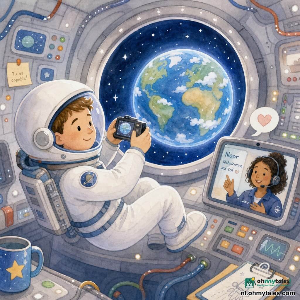 Een kalme, vrolijke mannelijke astronaut in wit, dik ruimtepak met half-open helm maakt door een grote ronde luikfoto van de aarde; hij heeft een lichte huid en kort bruin haar, zweeft licht zittend. Noor, ongeveer 30 jaar en grondtechnicus, verschijnt op een klein scherm bij de console, lacht en spreekt bemoedigend via de radio. Binnenin de capsule is het gezellig met lichtgrijze panelen, kleurrijke knoppen en een groot raam dat een ronde, blauwe en groene aarde met witte wolken toont; de scène is teder en rustig, hij maakt een foto voor thuis, zij moedigt hem aan, zachte lichtval, afgeronde silhouetten, aquareltexturen en witte pennenstreken voor reflecties.