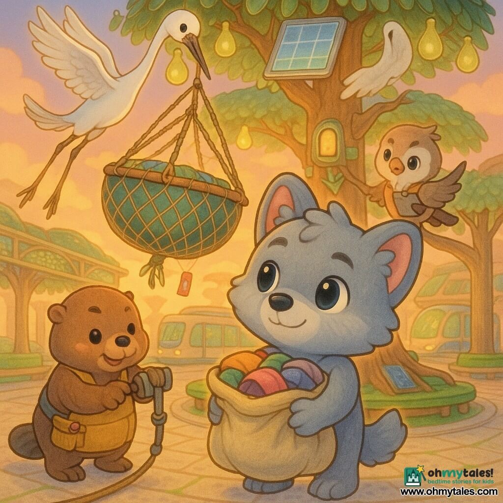 Milo, a chibi anthropomorphic wolf with soft gray fur, large slightly drooping round ears, bright curious eyes and a gentle smile, holds a canvas bag of colorful clothes and looks up with a focused, kind expression; Pip, a chibi sparrow wearing a vest and mini clipboard with slightly open wings and an organized, worried air, perches on a branch of the Drop Tree behind Milo; a stocky chibi beaver worker in a tool apron, proud and focused, fits a stabilizing clamp onto a suspended basket to the left; two long elegant chibi cranes hover nearby with wings spread, one delicately holding a vine net; setting: Cloudloop Plaza, a spiraling pale-stone square with green moss benches, a central Drop Tree of recycled wood with hanging baskets and light panels, trellised hanging gardens and glowing pear trees above, a futuristic tram on magnetic rails in the background; scene: Milo and volunteers calmly secure a large basket tangled in a garden net at sunset, cooperative, reassuring atmosphere with clear details—fabric textures, braided ropes, small colorful tags on baskets and soft reflections on solar panels; graphic style: bright pastel colors, rounded outlines, chibi proportions, luminous childlike rendering, composition centered on Milo and the basket.