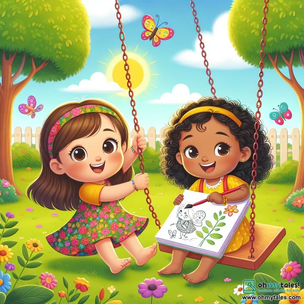 A 3-year-old girl named Lily, with big curious eyes and curly brown hair, joyfully smiles as she pushes a swing in a sunny park. She wears a colorful flower-patterned dress and appears full of energy and enthusiasm. Next to her, Anya, a 4-year-old girl with beautiful curly hair and fair skin, sits on a swing, laughing with happiness. She wears a bright yellow dress and holds a sketchbook in her hands, where she has drawn pretty butterflies. The park is filled with greenery, featuring large trees with shiny leaves, colorful flowers scattered across the green grass, and a bright blue sky dotted with a few white clouds. The scene shows Lily and Anya playing together, symbolizing friendship and tolerance as they discover the joy of sharing their different passions in a cheerful and welcoming setting.