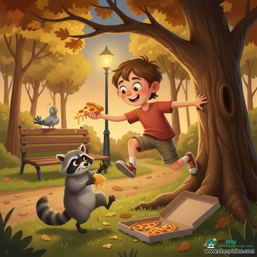 An 8-year-old boy with sparkling eyes and a round face, triumphant and a little mischievous, messy chestnut hair, wearing a faded red t‑shirt and khaki shorts, jumping out of a large oak and kneeling to surprise a raccoon while holding a shiny slice of pizza; a gray-furred raccoon with a distinctive black mask, guilty expression and crumb-covered paws retreats beside an open pizza box on the grass; a small ruffled gray pigeon perches on a bench in the background, looking surprised; small wooded park at dusk with yellow and orange leaves, a dirt path sprinkled with cheese crumbs, a worn wooden bench and a warm lamppost; main scene shows a comic capture, centered composition, golden evening light, saturated but soft colors, long shadows and crisp textures on fur and leaves for child-friendly readability.