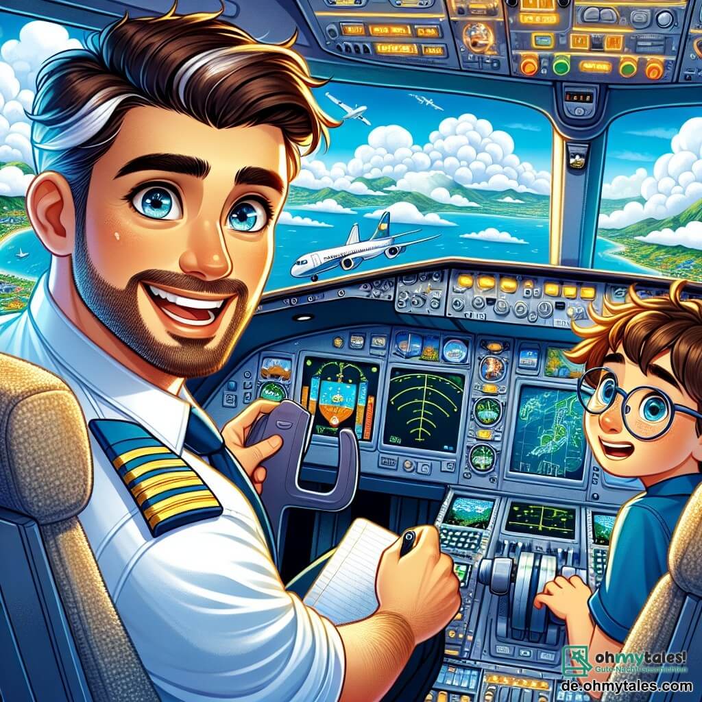 Ein Pilot, Max, sitzt im Cockpit seines Flugzeugs und zeigt ein breites, aufgeregtes Lächeln. Er hat braune Haare, einen gepflegten Bart und trägt eine blaue Pilotenuniform mit goldenen Abzeichen. Seine Augen strahlen vor Leidenschaft, während er durch das Fenster schaut und die baumwollartigen Wolken beobachtet. Neben ihm sitzt sein Co-Pilot Tom, ein 12-jähriger Junge mit zerzausten blonden Haaren und Brille, der fasziniert auf einem kleinen Notizblock mitschreibt. Das Cockpit ist mit bunten, leuchtenden Instrumenten ausgestattet, und die Bildschirme zeigen Karten und Daten. Draußen ist der Himmel strahlend blau, durchzogen von weißen, flauschigen Wolken, und darunter sind grüne Landschaften und glitzernde Seen zu sehen. Die Hauptsituation zeigt Max und Tom im Flug über wunderschöne Landschaften, in einer Atmosphäre von Abenteuer und Entdeckung, während sie ihre Leidenschaft für das Fliegen und die Erkundung des Himmels teilen.