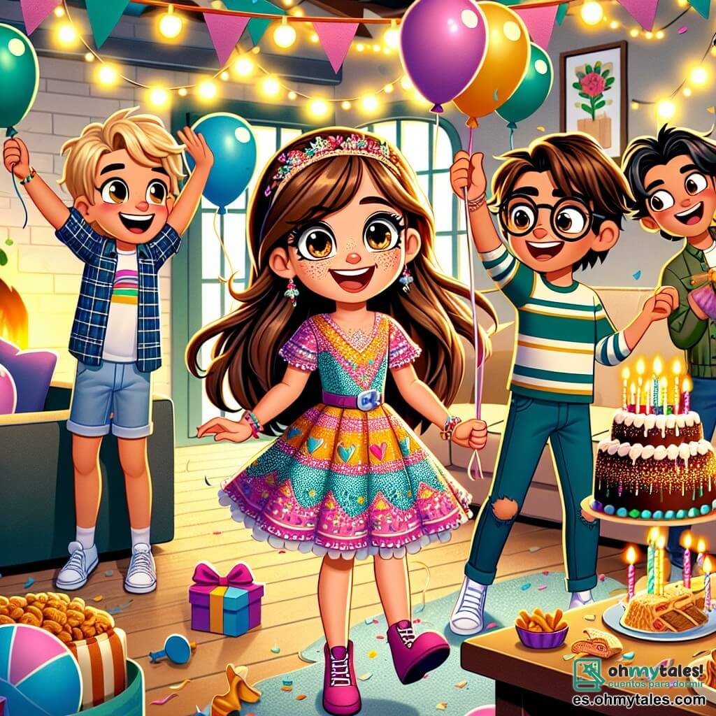 Una niña de 11 años, llamada Sofía, con largos cabellos castaños y ojos brillantes de alegría, está en el centro del escenario, sonriendo. Lleva un vestido colorido con motivos festivos y sostiene globos en las manos, lista para sorprender a su familia. A su lado, su mejor amiga Clara, también de 11 años, con cabello rubio y gafas, ayuda a colgar serpentinas en las paredes, mostrando una expresión de emoción. Tomás, un niño de 12 años, con cabello castaño y una figura atlética, está preparando bocadillos en una mesa, riendo con Miguel, un niño de 11 años, con cabello negro y ojos traviesos, que se prepara para lanzar confeti al aire. La escena tiene lugar en una sala cálida, decorada con guirnaldas luminosas y globos de colores, con una gran mesa en el centro, llena de deliciosas golosinas y una enorme tarta de chocolate. Los muros están adornados con decoraciones brillantes, creando un ambiente festivo y alegre. La situación principal muestra a Sofía y sus amigos preparando una fiesta sorpresa para el Año Nuevo, rodeados de risas y alegría, mientras se esfuerzan por hacer que la casa sea acogedora para recibir a sus padres.