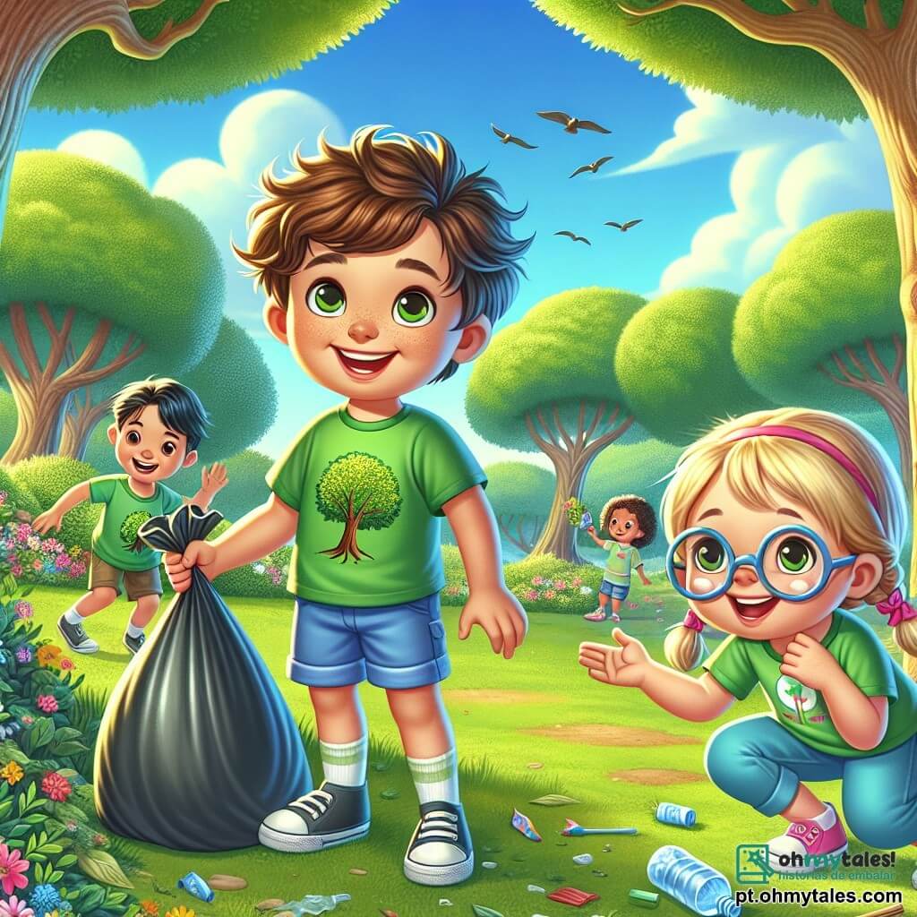 Um menino de 10 anos, Lucas, com cabelos castanhos bagunçados e olhos brilhantes de curiosidade, está no centro da imagem, sorrindo entusiasticamente. Ele usa uma camiseta verde com um desenho de árvore e um short azul, segurando um saco de lixo cheio de resíduos que acabou de coletar no parque. À sua direita, Sofia, uma menina de 9 anos com cabelos loiros trançados e óculos redondos, o incentiva com um grande sorriso, segurando um cartaz colorido que diz "Vamos proteger nosso planeta!". À esquerda, Miguel, um menino de 10 anos com cabelos negros e óculos de sol, se ajoelha para pegar uma garrafa plástica, concentrado em sua tarefa. O local é um parque verdejante, cheio de árvores majestosas, flores coloridas e um céu azul radiante. A cena principal mostra Lucas e seus amigos em ação, participando de uma campanha de limpeza do parque, cercados de risos e entusiasmo, ilustrando a importância de cuidar da natureza juntos.