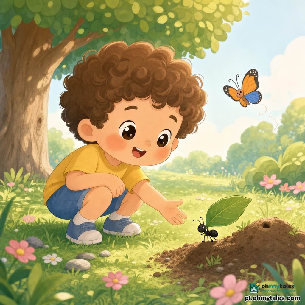 Tomás, menino de 4 anos, sorrindo e maravilhado, cabelos castanho‑claro cacheados, bochechas redondas e olhos grandes, veste camiseta amarela e short azul; agacha‑se e estende a mão para uma pequena formiga preta e brilhante que carrega uma grande folha verde rumo a um montículo de terra em primeiro plano; uma borboleta laranja e azul voa à altura do seu rosto; à esquerda, uma grande árvore frondosa com tronco claro projeta sombra pontilhada; o chão tem relva verde, pequenas flores rosas e brancas e algumas pedras lisas; luz suave de manhã em tons quentes e atmosfera calma, mostrando o momento em que Tomás observa a formiga com admiração, evidenciando sua conexão com a natureza.
