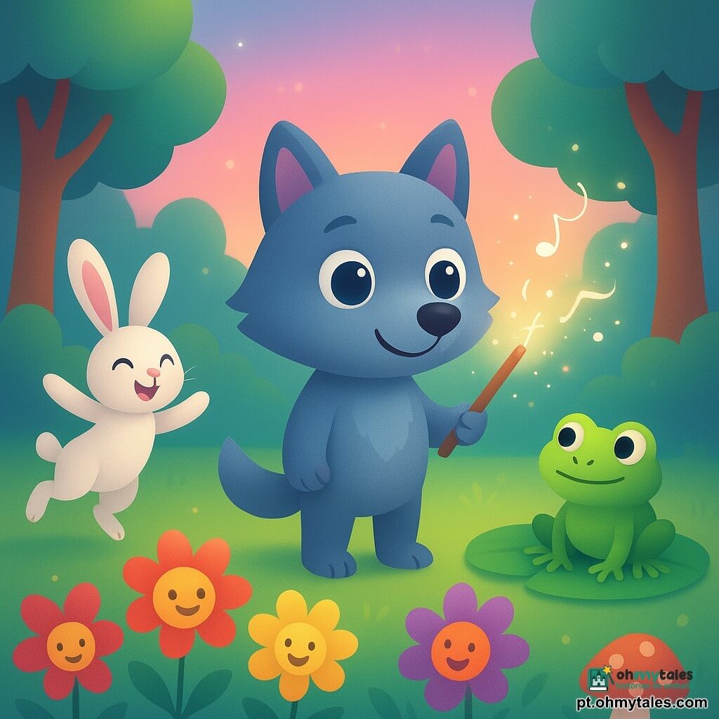 Um pequeno lobo infantil antropomórfico de pelagem cinza-azulada, olhos redondos e brilhantes e sorriso segura uma varinha de madeira cintilante; curioso e maravilhado, está no centro girando a varinha; ao lado, sobre uma folha de vitória-régia, um sapo caricatural verde‑vivo com grandes olhos amigáveis e expressão cautelosa mas benevolente levanta uma pata como a avisar; à esquerda, um coelho branco e fofo de orelhas cor-de-rosa salta dançando; no primeiro plano, flores antropomórficas coloridas (vermelhas, amarelas, roxas) sorriem e balançam as hastes; clareira de floresta encantada com relva macia verde-claro, cogumelos vermelhos com pintas brancas, troncos arredondados e céu em degradê rosa-azul com faíscas mágicas no ar; a varinha cria notas musicais cintilantes e pequenos turbilhões de luz que fazem o coelho dançar e as flores cantar, atmosfera alegre e segura.