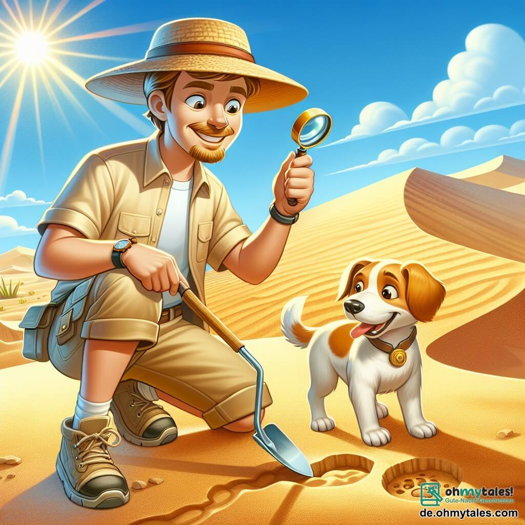 Ein Archäologe namens Amir steht in einer weiten Düne aus goldenem Sand, mit einem großen Lächeln der Aufregung im Gesicht. Er trägt einen Strohhut, ein beiges kurzärmliges Hemd und khakifarbene Shorts. In seiner Hand hält er eine kleine Schaufel und eine Lupe, während er den sandigen Boden aufmerksam untersucht. Neben ihm steht sein treuer Hund Chiko, ein kleiner Hund mit braunem und weißem Fell, der begeistert mit dem Schwanz wedelt und bereit ist, ihm bei seiner Suche zu helfen. Die Szene spielt in einer großen Wüstenlandschaft, wo die Sonne intensiv am klarblauen Himmel scheint und sich die Sanddünen bis zum Horizont erstrecken. Alte Fußspuren sind im Sand sichtbar, die auf die Anwesenheit einer vergessenen Zivilisation hindeuten. Amir kratzt mit seinem Pinsel den Boden ab, in der Hoffnung, einen versteckten Schatz der alten Perser zu entdecken.
