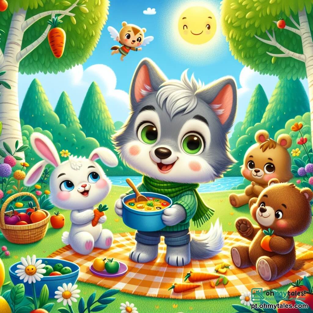 Um pequeno lobo chamado Léo, com pelagem cinza suave e olhos brilhantes de curiosidade, está no centro da cena, sorrindo entusiasticamente enquanto segura uma pequena panela de sopa. À sua direita, uma coelhinha chamada Mila, com pelagem branca e grandes orelhas, olha para Léo com admiração, segurando uma cenoura laranja. À esquerda, um ursinho chamado Hugo, com pelagem marrom e espinhos nas costas, sorri ao provar a sopa, sentado em uma toalha de piquenique colorida, cercado de frutas. O cenário é uma clareira ensolarada, rodeada de árvores verdes e flores coloridas. A cena principal mostra Léo e seus amigos reunidos em um piquenique alegre, compartilhando pratos e rindo juntos, celebrando a diversidade de seus gostos e origens.