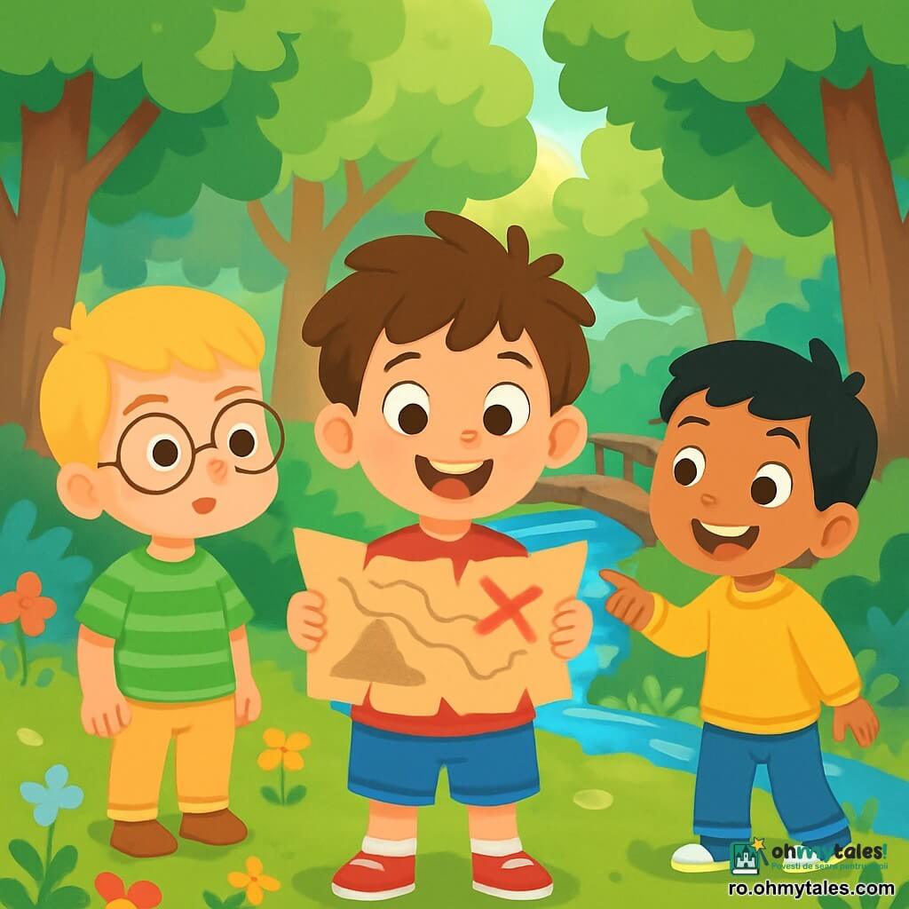 Există 3 personaje: - Andrei: un băiat de 4 ani cu părul castaniu și ochi strălucitori. Poartă un tricou roșu și o pereche de pantaloni scurți albaștri. Se află în centru, ținând o hartă misterioasă în mâini. - Mihai: un băiat de 4 ani cu părul blond și ochelari rotunzi. Poartă o cămașă cu dungi verzi și o pereche de pantaloni bej. Este puțin mai retras în stânga, privind harta cu curiozitate. - Radu: un băiat de 4 ani cu părul negru și un zâmbet strălucitor. Poartă un hanorac galben și blugi. Este în dreapta, arătând spre un vechi pod din lemn care traversează un mic râu strălucitor. Locul acțiunii este o pădure fermecată, cu copaci înalți și trunchiuri groase, iar solul este presărat cu flori colorate. Razele de soare filtrează printre crengi, creând modele luminoase pe pământ. În depărtare, un vechi pod din lemn se întinde deasupra unui râu limpede care șoptește ușor. Situația principală arată cei trei prieteni descoperind o hartă a comorii într-o cutie veche, înconjurați de magia pădurii. Sunt excitați și curioși, pregătiți să pornească în aventură, având expresii uimite pe fețele lor.
