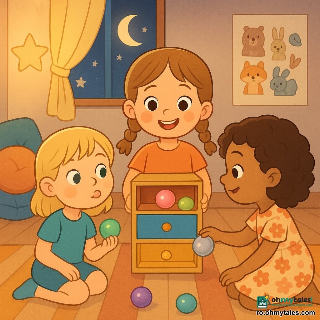 Sunt trei fete de 6 ani: Ana, cu părul șaten des în două codite, ochi căprui, zâmbitoare, ține o cutie mare cu trei sertare colorate; Lina, blondă bob, ochi albaștri, face o grimă amuzantă imitând un papagal și ține o bilă verde imaginară, așezată stânga de Ana; Măriuca, brunetă și crețoasă, poartă o rochie cu flori, desenează în aer cu un creion luminos și este aplecată spre cutie ca să pună o bilă argintie; ele sortează „gânduri” imaginare sub formă de bile strălucitoare (roz, verde, portocaliu, albastru, argintiu) și le depozitează în sertarele roșu, albastru și galben; încăpere călduroasă cu podea din lemn deschis, covor cu dungi, lampă joasă care proiectează umbre moi în formă de urs și lună pe perete, poster cu animale și fereastră cu lună rotundă; atmosferă nocturnă blândă, culori calde și pastel, expresii vesele și tandre, stil clar cu contururi nette și texturi de țesătură vizibile pe perne.