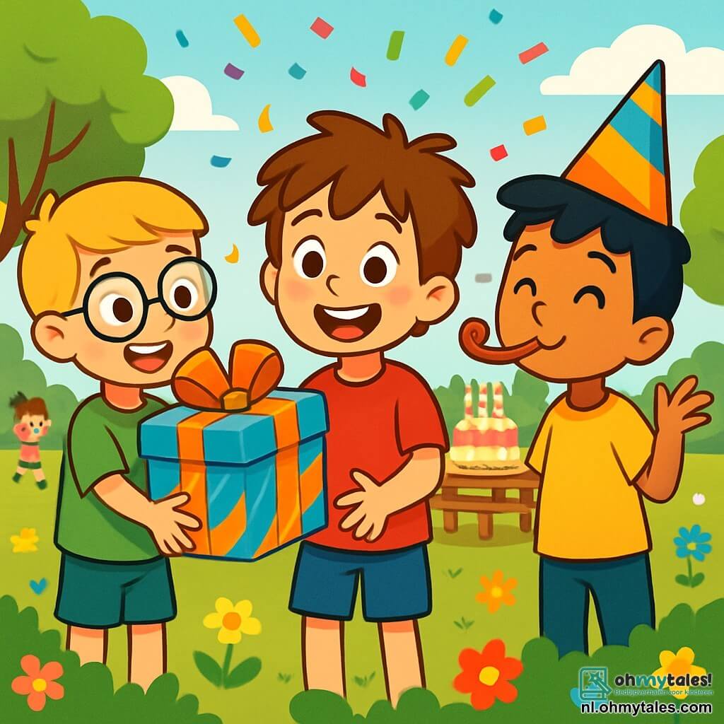 Er zijn 3 personages: - Lars: een 8-jarig jongetje met rommelig bruin haar, gekleed in een rood t-shirt en een blauwe short. Hij staat in het midden van de afbeelding, glimlachend met sprankelende ogen van vreugde. - Sam: een 8-jarig jongetje met blond haar en ronde bril, gekleed in een groen t-shirt en korte broek. Hij staat links van Lars en houdt een grote doos met kleurrijke cadeaus vast. - Jens: een 8-jarig jongetje met zwart haar en een kleurrijke feesthoed, gekleed in een geel t-shirt. Hij staat rechts van Lars en blaast in een feesttoeter met een grote glimlach. De locatie is een zonnig park, vol met kleurrijke bloemen en groene bomen. Op de achtergrond staat een grote tafel versierd met kleurrijke ballonnen en een prachtige verjaardagstaart met brandende kaarsen. Kinderen spelen eromheen en de sfeer is vrolijk en feestelijk. De belangrijkste situatie toont Lars, omringd door zijn vrienden, die de verrassing van zijn verjaardag ontdekt. Ze lachen en hebben plezier, met confetti die door de lucht vliegt, terwijl Lars verwonderd naar de tafel vol cadeaus en lekkernijen kijkt.