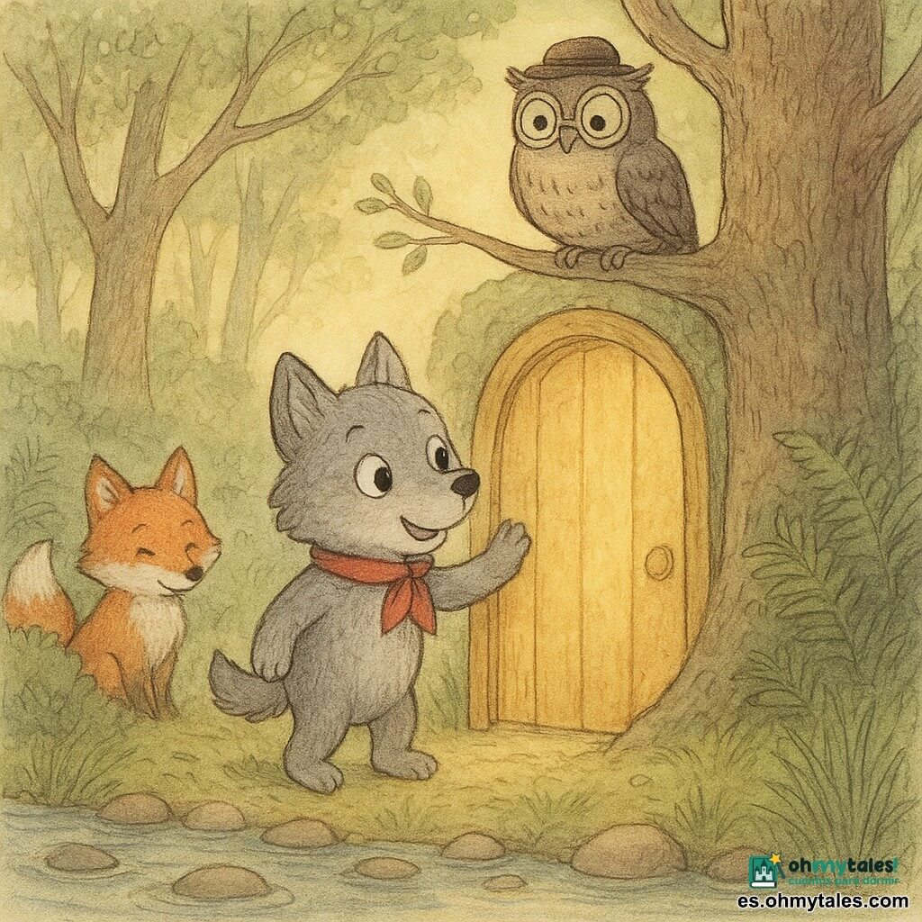 Un pequeño lobo gris, expresivo y curioso, con ojos redondos y una bufanda roja, toca suavemente una puerta dorada y sonríe; un viejo búho marrón y gris con gafas redondas y un sombrerito, posado en una rama sobre la puerta, lo observa con benevolencia; un tímido zorro rojizo está junto a un arbusto a la izquierda, aliviado porque el lobo le ayudará; en primer plano una calma ribera con guijarros y hierbas altas, al fondo un bosque denso de árboles nudosos y helechos, y la puerta dorada se abre a otra era con luz suave y nubes vaporosas creando una atmósfera segura y llena de descubrimiento.