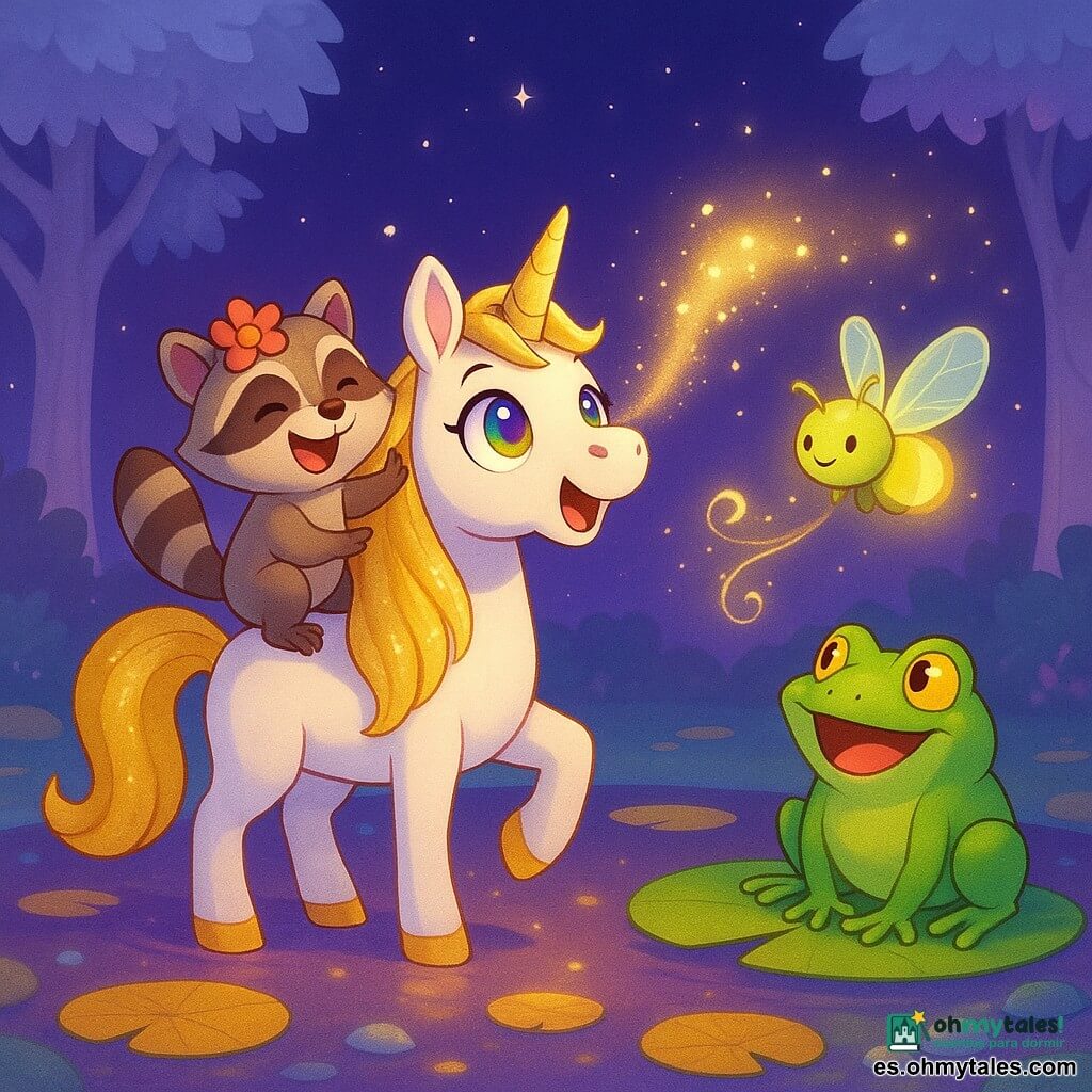 Brillina, una joven unicornio hembra de pelaje blanco nacarado y larga crin dorada brillante, de pie en el centro de un claro nocturno, levanta la cabeza y sopla polvo de estrellas; en su cuello está Pipililo, un pequeño mapache/ratón macho con finos bigotes y sombrero de flor, riendo y agitando una pata como director; cerca, una enorme rana hembra de piel verde brillante y ojos dorados canta desde un nenúfar, mientras una vieja luciérnaga macho de cuerpo amarillo verdoso y alas translúcidas flota dejando estelas luminosas; el claro redondo, bordeado de árboles de troncos plateados y hojas cristalinas, con nenúfares dorados, piedras luna resplandecientes y cielo violeta estrellado, acoge un concierto nocturno festivo de sonidos y luces, atmósfera cálida y féerica.