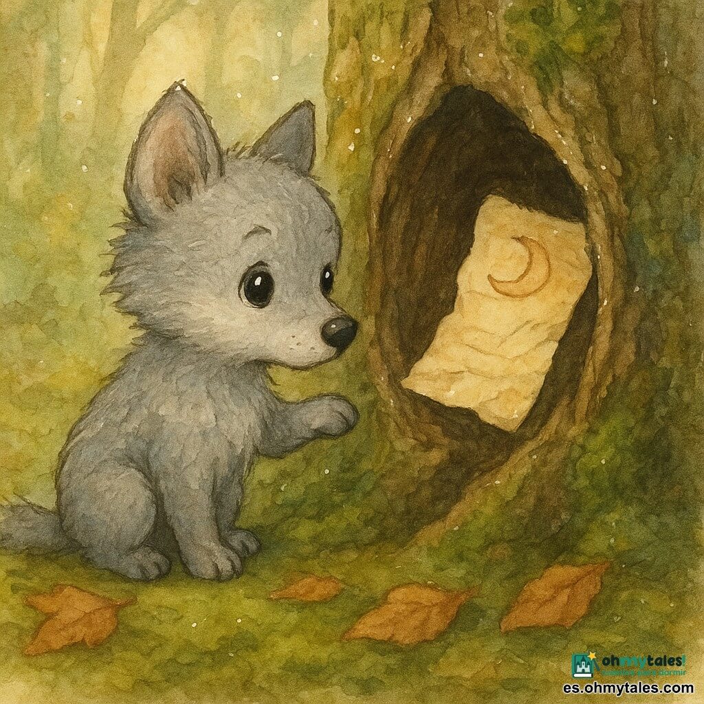 Un pequeño lobo gris claro de pelaje esponjoso, orejas grandes y redondas y ojos negros brillantes, curioso y algo tímido, olfatea con una pata levantada frente a un tronco hueco donde una carta enrollada —papel amarillo pálido arrugado con líneas marrones, esquinas gastadas y una pequeña luna dibujada— se abre apenas como si susurrara; el escenario es un bosque musgoso con suelo de musgo verde, hojas canela y troncos húmedos cubiertos de líquenes, luz suave entre ramas finas; el lobo descubre la carta oculta con expresión medio sorprendido, medio decidido, en una escena íntima y cálida con detalles táctiles y delicados reflejos blancos.