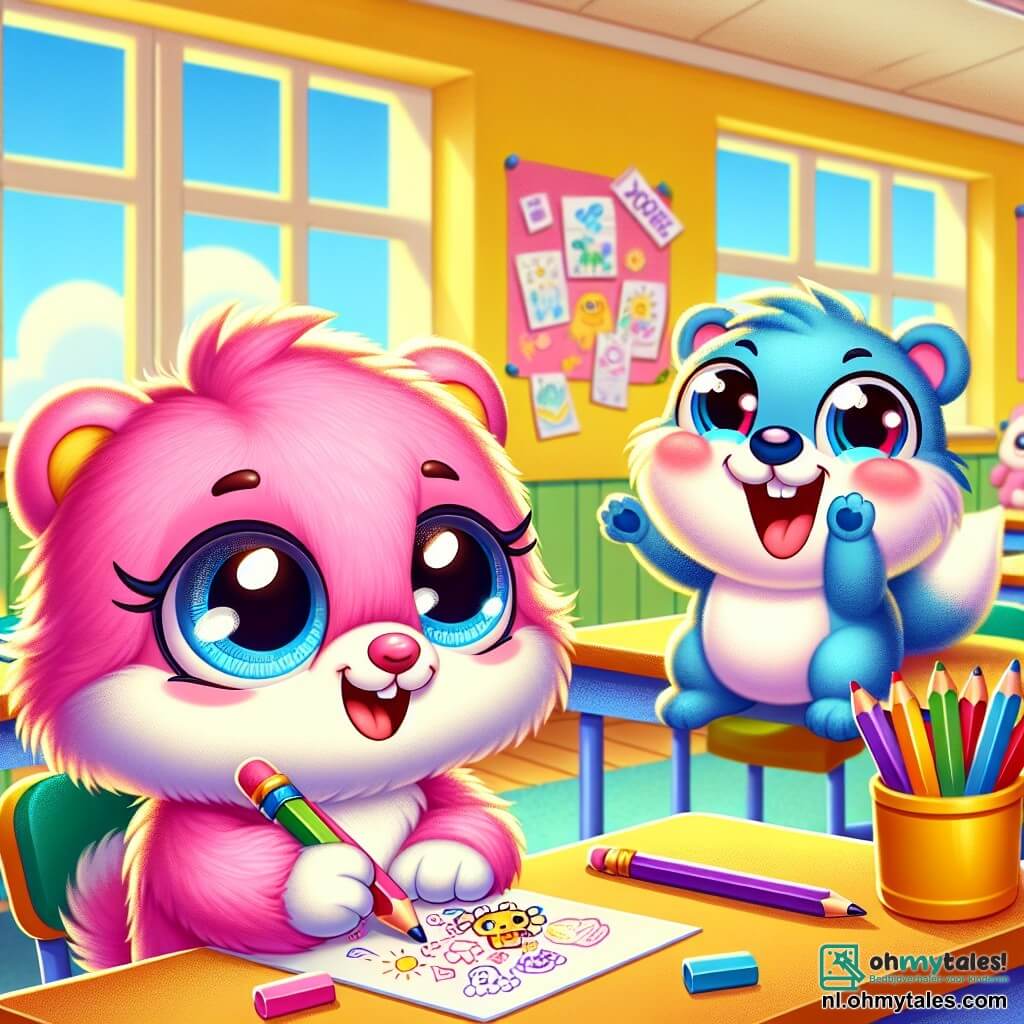 Een schattig klein knuffeldier met zachte roze vacht en grote glanzende ogen zit aan een klaslokaal tafel, met een uitdrukking van vreugde en trots. Het houdt een potlood vast in zijn kleine pootjes en kijkt naar een vel papier vol kleurrijke tekeningen. Naast hem moedigt een blije blauwe wezel, met een stralende glimlach en sprankelende ogen, hem aan door zijn pootjes in de lucht te steken, alsof hij een succes viert. Hij staat op een stoel, helemaal opgewonden, en lijkt klaar om zijn vriend te applaudisseren. De scène speelt zich af in een helder en uitnodigend klaslokaal met gele muren versierd met kindertekeningen, ramen die zonlicht binnenlaten en kleurrijke houten tafels. Potloden en vellen papier liggen verspreid over de tafels, wat een creatieve sfeer toevoegt aan de omgeving. Het belangrijkste moment toont het knuffeldier dat, na hard werken, met verwondering ontdekt dat het iets moois heeft getekend, terwijl zijn vriend enthousiast aanmoedigt, wat de lucht vul met vreugde en vriendschap.