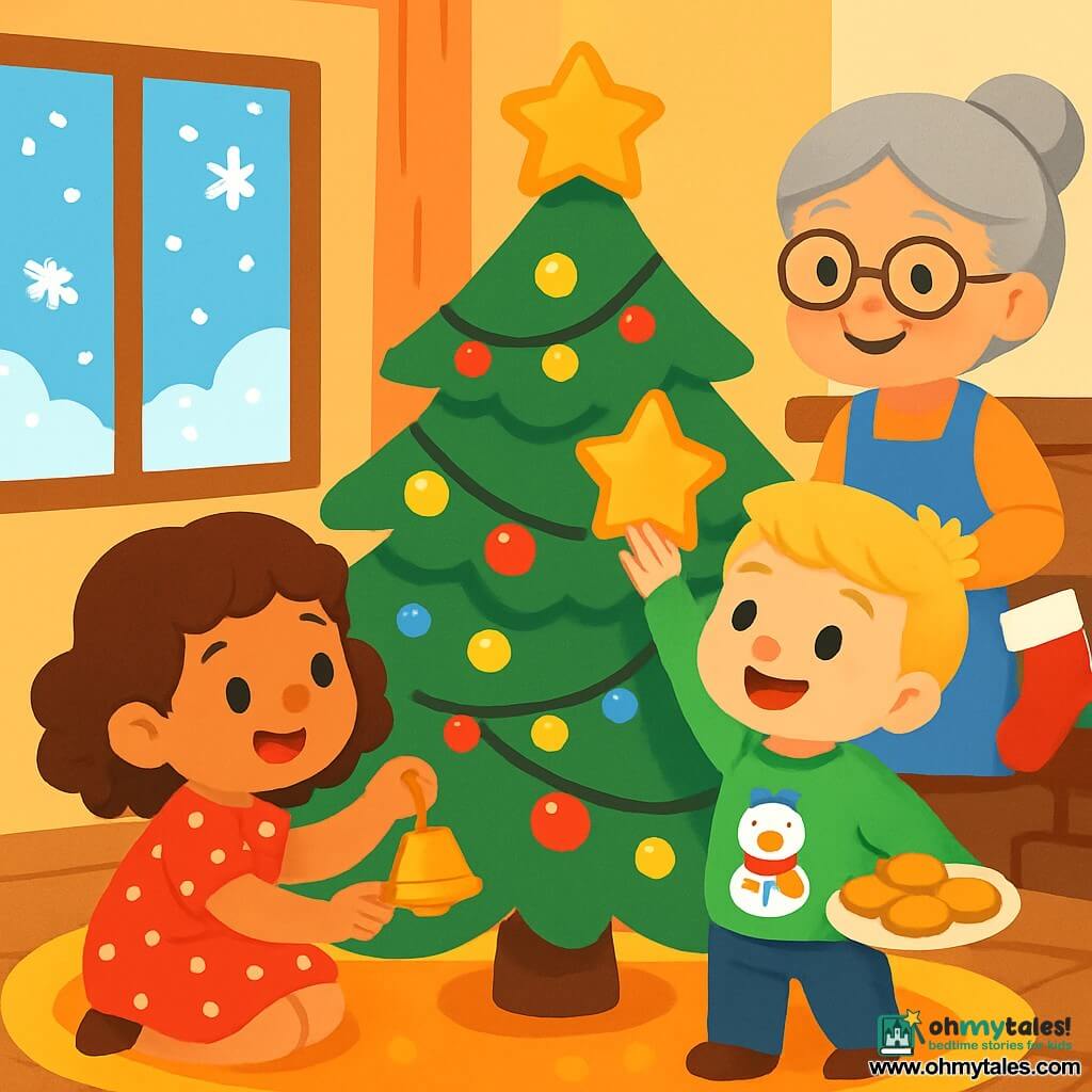There are 3 characters: Mia, a 4-year-old girl with curly brown hair wearing a red dress with white polka dots, crouching by a Christmas tree holding a shiny little bell; Ben, a 4-year-old boy with short blonde hair in a green sweater featuring a snowman, standing next to Mia holding a golden star at arm's length; and Nana, a kind grandmother with gray hair in a bun wearing a blue apron, smiling by the tree while holding a plate of cookies. The setting is a cozy room decorated for Christmas, featuring a large green tree adorned with colorful lights and sparkling ornaments. Snowflakes gently fall outside through a window, creating a magical atmosphere. The floor is covered with a plush rug, and Christmas stockings are hung by the fireplace. The main scene shows Mia and Ben having fun decorating the tree, with Mia hanging the bell on a low branch while Ben reaches for the top with the star, both laughing and smiling, surrounded by the warm glow of Christmas lights.
