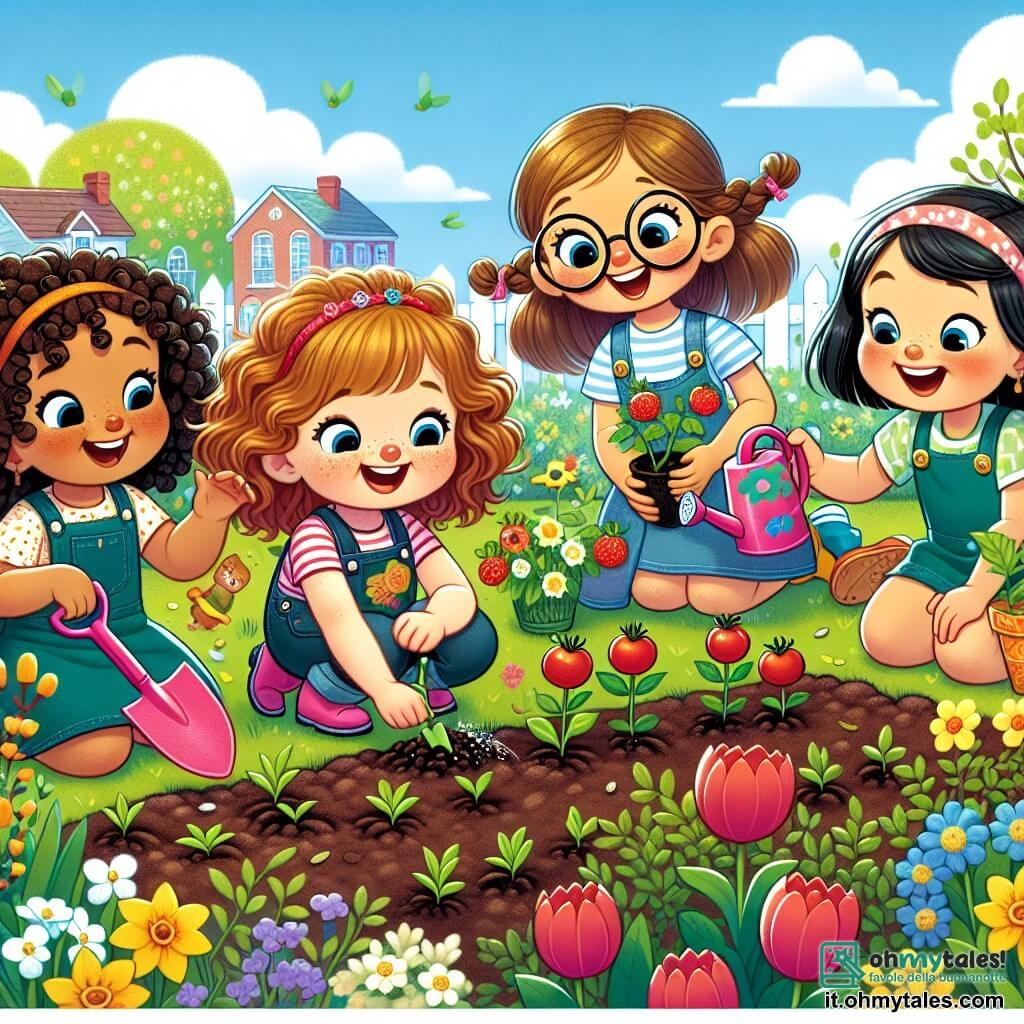 In un giardino in piena fioritura, cinque ragazze felici, di età compresa tra i 7 e i 9 anni, si dedicano a piantare semi. Sofia, una bambina dai capelli castani e ricci, sorride ampiamente tenendo una pala rosa, al centro del giardino. Alla sua destra, Emma, con i capelli biondi intrecciati e occhiali rotondi, guarda con meraviglia le piccole foglie che iniziano a spuntare. A sinistra, Sara, una ragazza dai capelli castani e lisci, si accovaccia per mettere semi di pomodoro nel terreno, concentrata. Mia, una bambina dai capelli neri e corti, si trova leggermente indietro, con le braccia cariche di semi, pronta ad aiutare le sue amiche. Infine, sullo sfondo, un po' più lontano, c'è Clara, una ragazza dai capelli rossi e ricci, che annaffia le piante con un annaffiatoio colorato. Il giardino è pieno di fiori vivaci, tulipani rossi e narcisi gialli, mentre il cielo è di un blu splendente punteggiato di nuvole bianche e soffici. Le ragazze ridono e si incoraggiano a vicenda, creando un momento magico di cameratismo e gioia mentre piantano insieme il loro giardino primaverile.
