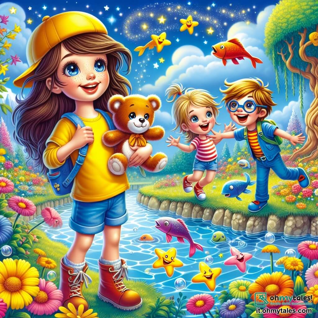 Una ragazza di 8 anni, di nome Sabrina, con lunghi capelli castani e occhi pieni di curiosità, si trova al bordo di un lago cristallino in un giardino incantato. Indossa una maglietta gialla e un pantaloncino di jeans, e sorride meravigliata, tenendo tra le braccia il suo peluche, un adorabile orso di nome Puffo. Accanto a lei, il suo amico Marco, un ragazzo di 8 anni con un cappellino rosso e occhiali, ride gioiosamente cercando di catturare pesci colorati che saltano fuori dall'acqua. Più lontano, Giorgia, un'altra ragazza di 8 anni con capelli biondi in due trecce, danza con fiori che ridono intorno a lei, creando un'atmosfera festosa e magica. Il luogo è un giardino magico, pieno di fiori brillanti dai colori vivaci, alberi con tronchi contorti che sembrano sussurrare segreti, e un cielo blu punteggiato di nuvole soffici. La scena principale mostra Sabrina e i suoi amici che scoprono un mondo fiabesco, dove i fiori danzano e i pesci raccontano storie, mentre si preparano a vivere un'avventura straordinaria alla ricerca di gemme magiche per salvare il giardino.