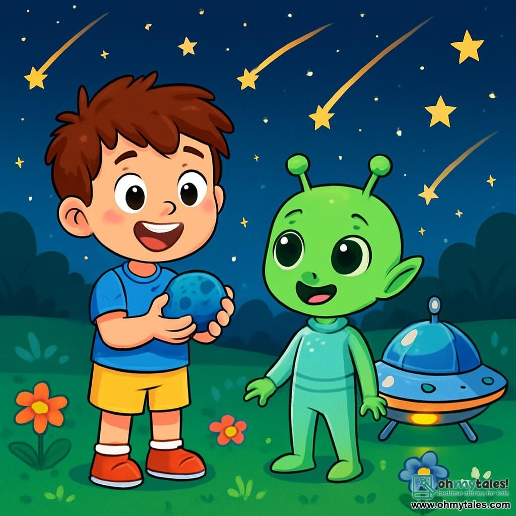 A 6-year-old boy named Leo, with messy brown hair and sparkling curious eyes, stands at the center of the scene, smiling in wonder. He wears a blue t-shirt and yellow shorts, holding a small blue meteorite in his hands, his cheeks flushed with excitement. Next to him is a little alien named Zoola, the same size as Leo, with shiny green skin and large gentle eyes, smiling joyfully. She wears a sparkling silver jumpsuit and stands near a small flying saucer that glimmers under the stars. The setting is a vast green clearing dotted with colorful flowers, illuminated by twinkling stars in the night sky. Soft glowing meteors gently fall from the sky, creating a magical atmosphere. The main scene shows Leo and Zoola picking up bright meteors falling around them, with expressions of joy and camaraderie as they prepare to help the plants and animals on Zoola's planet.