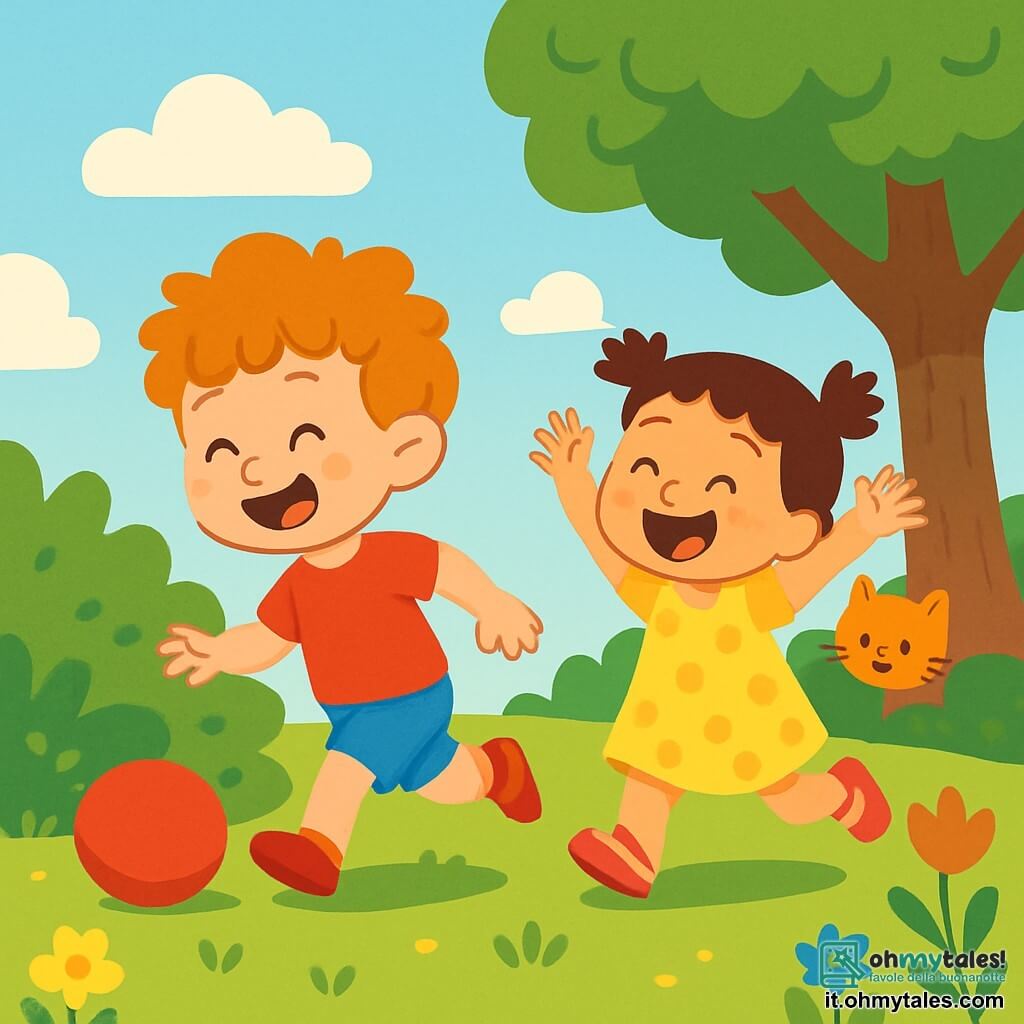Ci sono due personaggi principali: Leo, un ragazzo di 5 anni con capelli ricci e disordinati, che indossa una maglietta rossa e pantaloni blu, sta correndo felicemente verso una palla rossa che rotola; e Nina, una ragazza di 5 anni con due piccole trecce, che indossa un vestito giallo a pois e sandali rosa, corre dietro a Leo, ridendo e alzando le braccia. La scena si svolge in un giardino soleggiato, pieno di fiori colorati, erba verde e un grande albero con foglie dense. In lontananza si vede un cielo blu chiaro con alcune nuvole bianche e soffici. Leo e Nina giocano insieme, ridendo mentre cercano di prendere la palla rossa che rotola sotto un cespuglio, con volti pieni di gioia ed eccitazione, mentre un piccolo gatto curioso li osserva dall'ombra dell'albero.