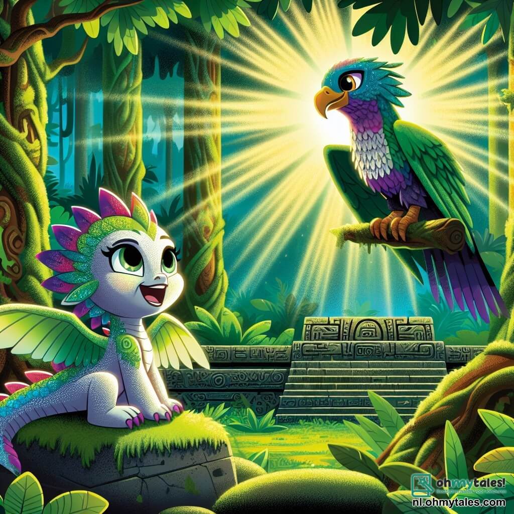 Lilou, een kleine draak met glinsterende schubben in alle kleuren van de regenboog, is verwonderd met grote ogen terwijl ze een oude storm ontdekt die verborgen is in een weelderig bos. Ze zit op een met mos bedekte steen, haar delicate vleugels achter zich gevouwen, en een stralende glimlach verlicht haar gezicht. Naast haar staat Quetzal, een majestueuze vogel met veren die glanzen als sterren, op een tak, met ietsjes uitgespreide vleugels en een uitdrukking van trots en mysterie. Hij lijkt klaar om een geheim te delen, zijn ogen sprankelend van intelligentie. Op de achtergrond is de storm omringd door imposante bomen met dikke stammen en felgroene bladeren, terwijl zonnestralen door het loof breken en oude symbolen verlichten die op de muren van de ruïne zijn gegraveerd. De scène vertegenwoordigt het magische moment waarop Lilou de verborgen schat van de Storm der Zongenotes ontdekt, vol nieuwsgierigheid en verwondering, klaar om de mysteries van het verleden te verkennen.