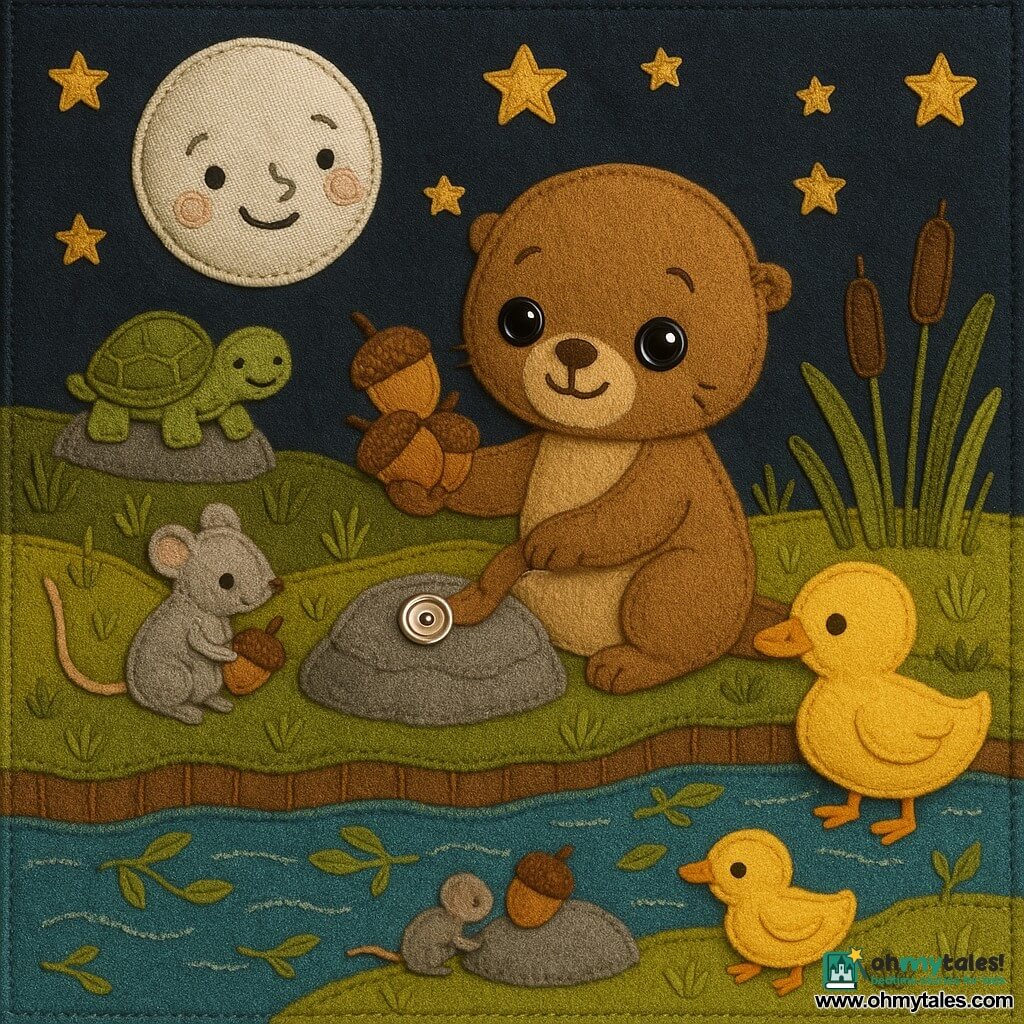 Baby otter, curious and serene, soft brown felt fur, large shiny button eyes, holding five sewn acorns and gently placing a small silver button on a flat rock; a smiling Moon sewn from silver fabric floats in the dark sky casting soft light; a wide silver-blue fabric river like a ribbon with tiny leaf-strings as boats flows in the foreground; a yellow wool duck gratefully receives two acorns at the water’s edge to the right of the otter; a small shy grey felt mouse holds an acorn beside the rock; an old moss-green fabric turtle sits on a stitched stone behind, watching; the grassy bank is a green patchwork with embroidered stones, ribbon reeds and a velvet night sky dotted with sewn stars; main scene: the otter gently shares its acorns and places one button on the rock under Moonlight, all rendered in stitched textures and visible seams.