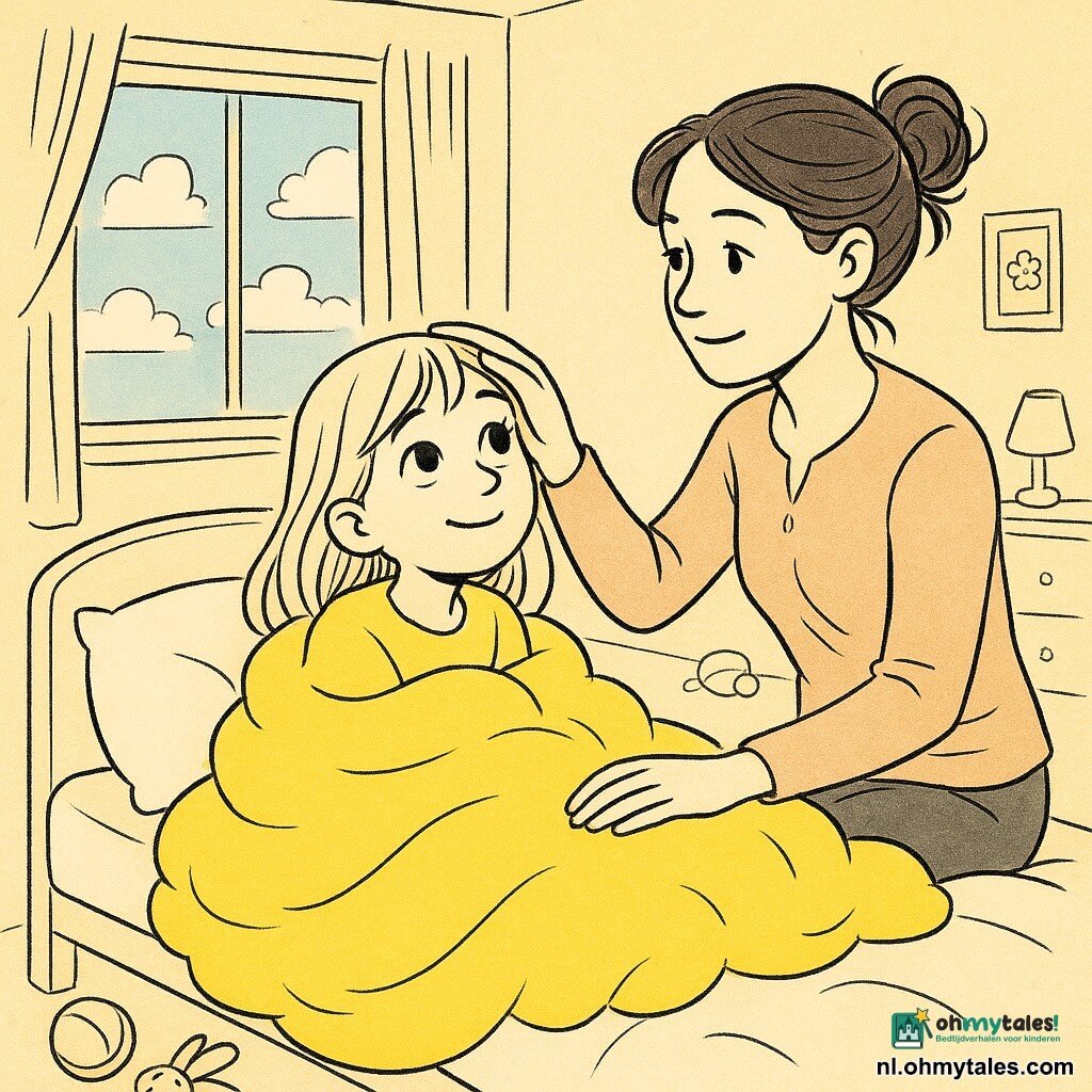 Een 8-jarig meisje, Lotte, zit op haar bed gewikkeld in een felgele deken die op een zachte wolk lijkt. Ze heeft een zacht en dromerig gezicht, met grote nieuwsgierige ogen en een lichte glimlach. Naast haar zit haar moeder, een vrouw van ongeveer 35 jaar, op de rand van het bed, met haar hand liefdevol op Lotte's voorhoofd. Ze heeft bruin haar in een rommelige knot en een vriendelijke blik. De kamer is licht en uitnodigend, met pastelkleuren op de muren en verspreid liggend speelgoed. Door het raam is een blauwe lucht te zien met witte, wollige wolken. De situatie toont vooral hoe Lotte zich getroost voelt door de aanwezigheid van haar moeder, onder haar magische deken, in een warme en rustgevende sfeer.