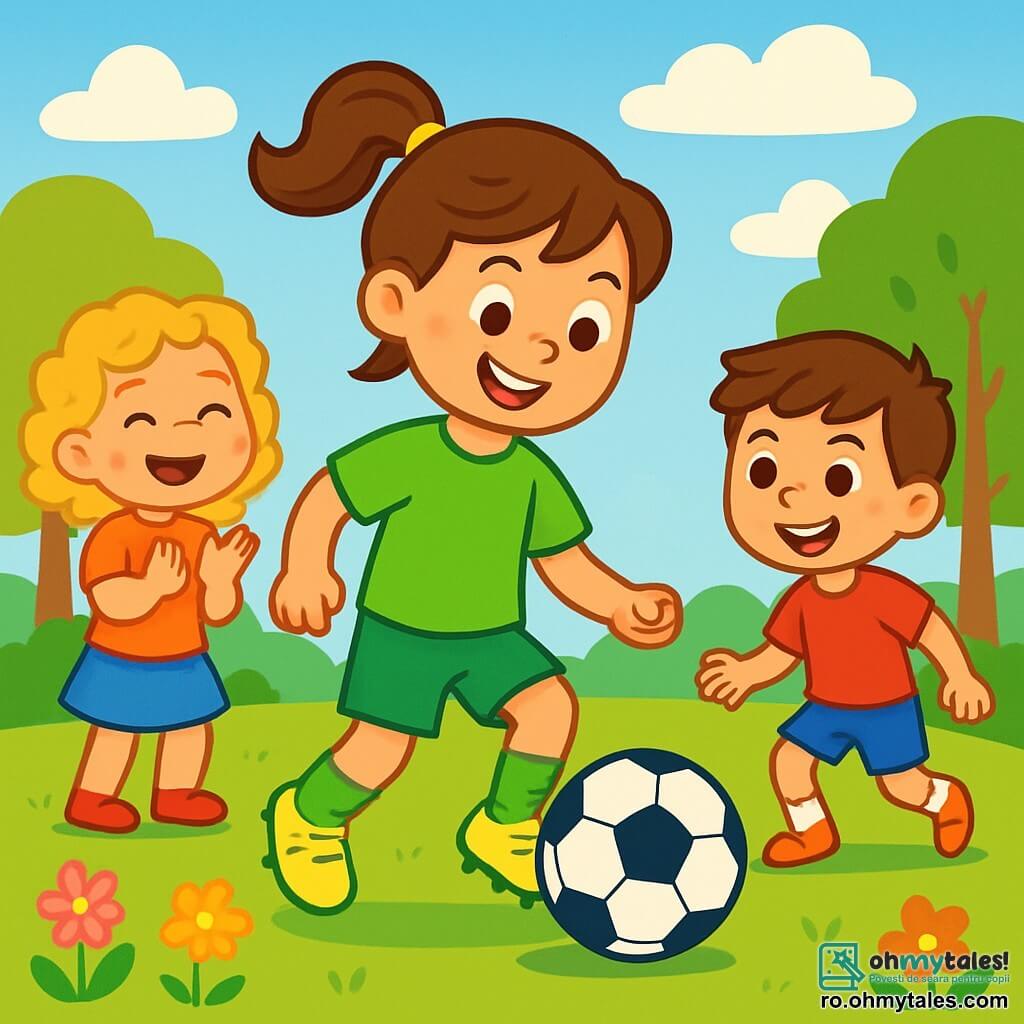 Maria, o fetiță zâmbitoare de aproximativ 10 ani, poartă un trening verde aprins și ghete de fotbal strălucitoare. Este plină de energie, cu părul brun prins în coadă de cal, și driblează vesel o minge mare de fotbal pe teren. Lângă ea, Daria, o fetiță de 9 ani cu părul blond creț, aplaudă cu entuziasm, cu ochii strălucind de bucurie. Luca, un băiat de 8 ani cu părul castaniu, se pregătește să șuteze mingea, concentrat și hotărât, cu un zâmbet mare pe față. Terenul este verde, înconjurat de copaci cu frunze strălucitoare, sub un cer albastru deschis presărat cu nori albi pufoși. Flori colorate marginesc terenul, adăugând o notă de magie mediului. Scena reprezintă un moment de joacă vesel în care Maria le arată prietenilor săi cum să dribleze și să paseze mingea, plini de excitație și camaraderie, râzând și distrându-se împreună sub soarele strălucitor.