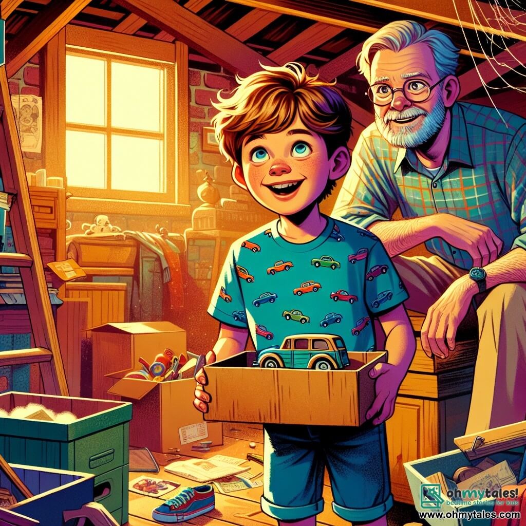 A 10-year-old boy with messy brown hair and sparkling curious eyes stands in a dusty attic. He wears a blue t-shirt with car patterns and denim shorts. His face shows excitement and wonder as he discovers an old cardboard box. Next to him, a man around 40, with a light beard and glasses, looks fondly at his son rummaging through the attic. He wears a plaid shirt and beige pants, appearing amused by his child's discovery. The attic is filled with old toys, yellowed books, and cobwebs, with soft light filtering through a small window. Boxes are stacked, and childhood memories are scattered around. The boy, eyes shining with excitement, holds a wooden car, a radiant smile on his face as he imagines his father's past adventures.