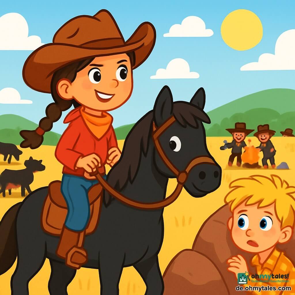 Ein junges Cowgirl namens Mia, etwa 10 Jahre alt, sitzt auf ihrem schwarzen Pferd Blitz. Sie hat lange geflochtene braune Haare, einen großen Cowboyhut und ein entschlossenes Lächeln im Gesicht. Ihre Augen funkeln vor Aufregung und Mut, während sie die Banditen in der Ferne beobachtet. In der Nähe steht ein 12-jähriger Junge namens Tom hinter einem Felsen, mit weit aufgerissenen Augen, besorgt aber neugierig. Er hat zerzauste blonde Haare und trägt ein kariertes Hemd. Die Szenerie ist eine weite goldene Wiese unter einem strahlend blauen Himmel, mit grünen Hügeln am Horizont. Weiße Wolken treiben sanft, und die Sonne scheint warm und erhellt die Szene. Die Hauptsituation zeigt Mia, die ihren mutigen Plan vorbereitet, um die gestohlenen Tiere zurückzuholen, während die Banditen ahnungslos um ein Lagerfeuer lachen.