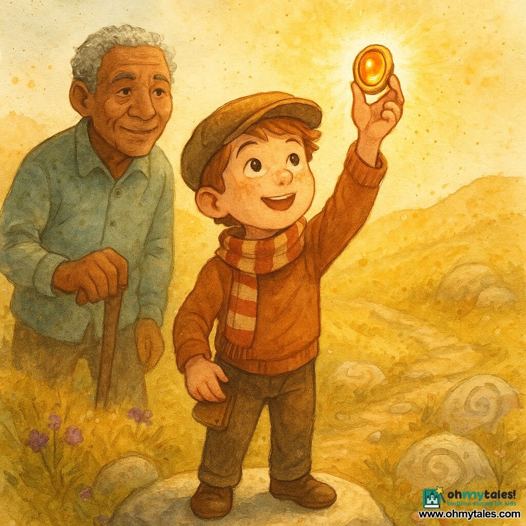 Milo is a ~10-year-old boy with a round freckled face and gentle, amazed eyes, holding a silver ring set with honey-bright amber; he wears a soft small hat, a striped scarf, a worn notebook at his belt, stands on a sunlit stone with arms raised to show the ring to the light. Toma is about 65, weathered skin, short gray hair and a calm smile, standing slightly back to Milo’s left, leaning on a wooden cane and watching the ring approvingly. They are on a sunny late-afternoon south-facing slope with short golden grass, pale rocks carved with spirals, small purple flowers and a dark-stone path; low sunlight casts long shadows and a warm halo around the amber. Main scene: Milo has just found the Sunring in a stone niche and presents it to Toma — serene, joyful mood, warm colors, grainy textures and watercolor splashes suggesting golden dust and softness.