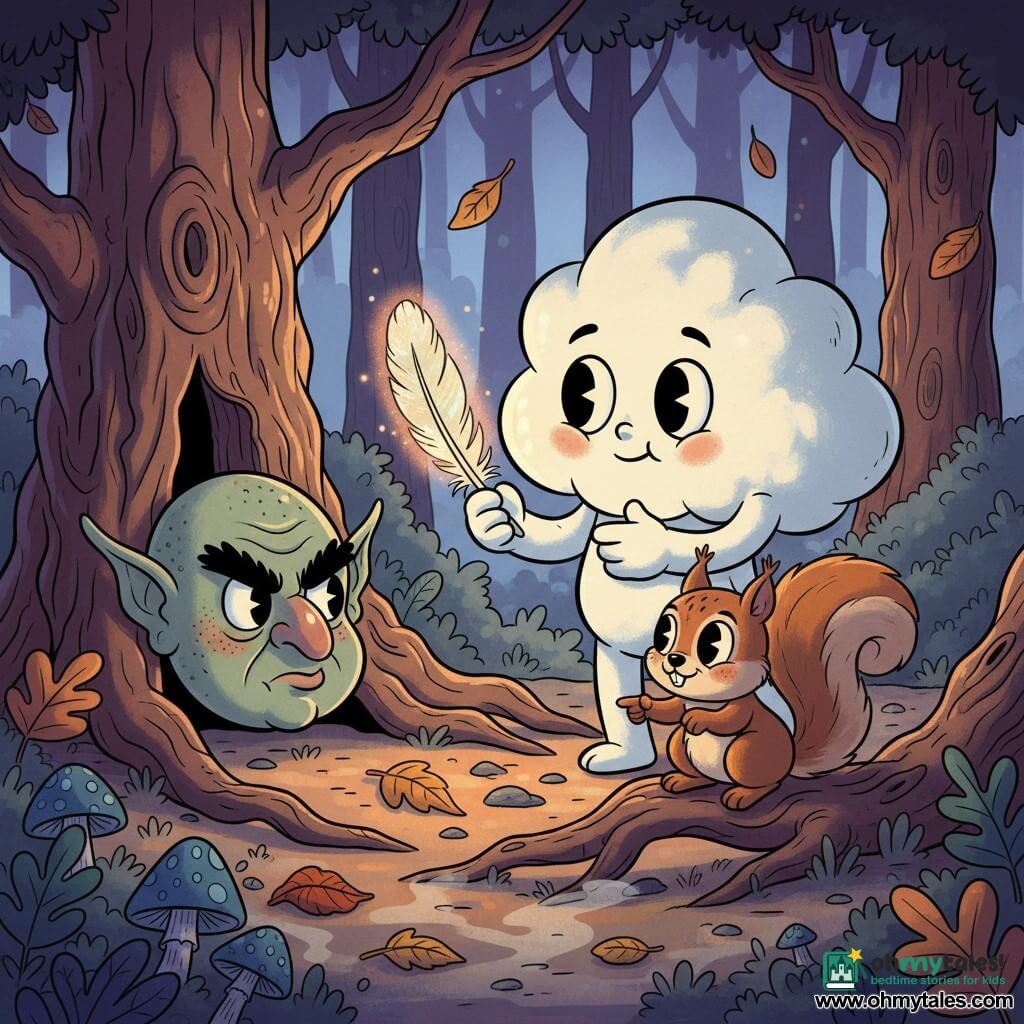 The main character is a small anthropomorphic fluffy cloud with round bright eyes, a timid smile and rosy cheeks, curious and slightly worried, delicately holding a sparkling feather in its vapor hands; a secondary character is a cute squirrel with silky brown fur and twinkling eyes, reassuring expression, standing on a root and nudging the way with its nose; another secondary is a grumpy forest goblin with textured green skin, thick brows and a hooked nose, sulky but softened, sitting against a massive tree trunk to the left; the setting is a twilight forest clearing with twisted trees, gnarled roots, blue glowing mushrooms, falling leaves and a low mist casting an orange-lilac glow; the scene shows the cloud at the clearing’s center, hesitant but determined with the magical feather, the squirrel encouraging at its feet and the goblin watching from the shadows, creating a mysterious, slightly scary but warm mood with strong contrasts of shadow and colored light.