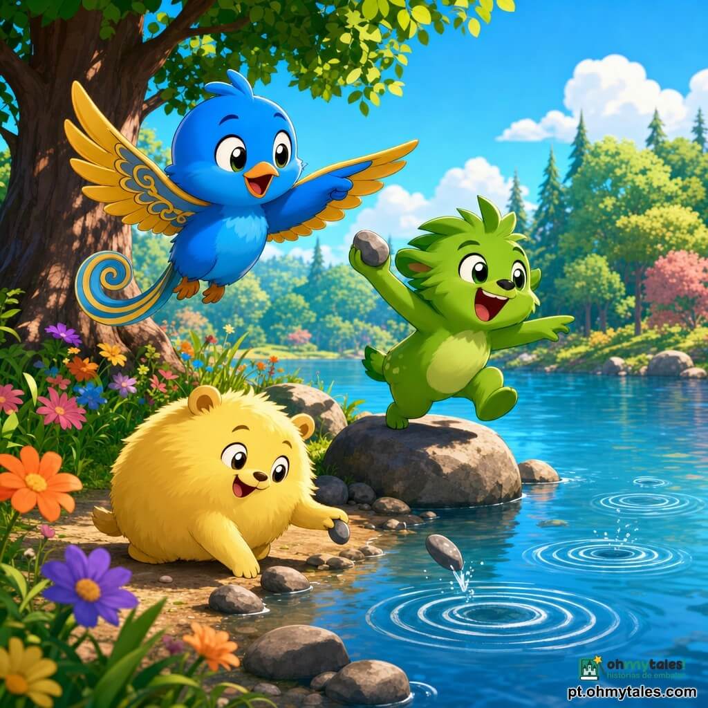 Tico, um passarinho pequeno azul vivo com finas asas douradas e cauda em espiral, sorrindo e voando pouco acima do chão mostrando como lançar uma pedra; Lila, uma criaturinha verde luminosa, energética e risonha, no salto sobre uma pedra à beira do lago para arremessar a sua pedra; Pipo, um bichinho redondo e fofinho amarelo pálido, tímido mas feliz, indo com cuidado até a água para lançar sua pequena pedra desde a margem, um pouco mais baixo que Tico e Lila; floresta colorida ao redor do lago brilhante, relva macia, flores multicoloridas, troncos texturados, raios de sol entre as folhas e pedras lisas à beira; cena principal com os três amigos jogando pedras saltitantes, círculos concêntricos na água, risos e gestos amistosos, ambiente acolhedor e inclusivo; estilo: cores vivas, texturas suaves, proporções infantis, luz quente e jovial, composição centrada nos três personagens à margem do lago.