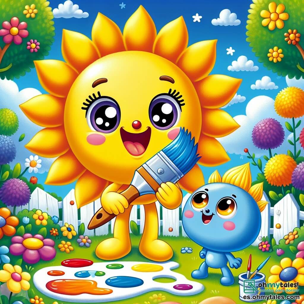 Un pequeño pincel alegre, llamado Pincelito, con un cuerpo amarillo brillante y una cabeza redonda sonriente, está pintando un gran sol brillante con rayos dorados. Tiene ojos chispeantes de emoción y pequeñas manos que sostienen un pincel. A su lado, un pincel azul llamado Blou, con una expresión curiosa, observa el trabajo de Pincelito. Blou tiene un cuerpo azul claro y ojos redondos, y sostiene un tarro de pintura. En el fondo, un jardín colorido lleno de flores brillantes de todos los colores, con árboles verdes y un cielo azul claro salpicado de nubes blancas esponjosas. La escena muestra a Pincelito y Blou creando juntos un magnífico mural soleado, rodeados de risas y alegría, en un ambiente veraniego luminoso y amistoso.