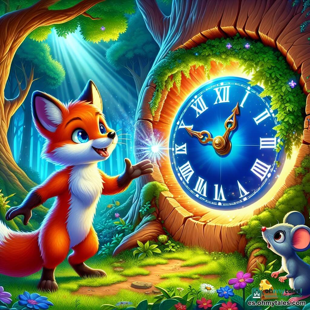 Un zorro curioso llamado Raxo, con un pelaje rojo brillante y ojos chispeantes de asombro, se encuentra frente a un viejo tronco de árbol hueco. Observa con fascinación un hermoso reloj brillante con manecillas girando en direcciones opuestas, con las orejas en alto y la cola temblando de emoción. Cerca, un pequeño ratón gris, con grandes ojos redondos y una expresión de sorpresa, observa a Raxo desde una rama baja, sosteniendo un trozo de queso en sus patas. El escenario es un bosque encantado, con árboles majestuosos de hojas verdes brillantes, flores coloridas esparcidas por el suelo y rayos de sol filtrándose a través del follaje, creando una atmósfera mágica. La situación principal muestra a Raxo, listo para presionar el botón azul del reloj, mientras destellos de luz brillan a su alrededor, simbolizando el viaje en el tiempo que está a punto de comenzar.