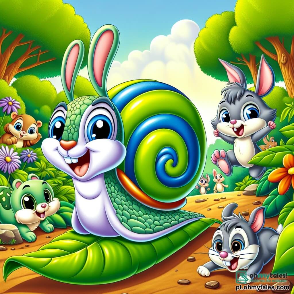 Um caracol chamado Sabugo, com uma concha colorida em espiral e olhos brilhantes de determinação, desliza rapidamente sobre uma folha verde brilhante, exibindo um grande sorriso no rosto. Ao seu lado, uma coelhinha de grandes orelhas, Lili, com olhos azuis brilhantes, o incentiva entusiasticamente, pulando alegremente no chão de terra marrom. Um pequeno rato chamado Pip, com pelagem cinza e bigodes tremulantes, observa com admiração, sentado em uma pedra, enquanto uma tartaruga chamada Tuca, com uma carapaça verde decorada, sorri ao fundo, pronta para apoiar seu amigo. A cena acontece em uma clareira ensolarada, cercada por árvores majestosas com folhas verdes vibrantes, onde flores coloridas dançam ao vento. Sabugo, determinado a participar da grande corrida da floresta, se prepara para ganhar impulso, enquanto seus amigos o incentivam, criando uma atmosfera de camaradagem e excitação.