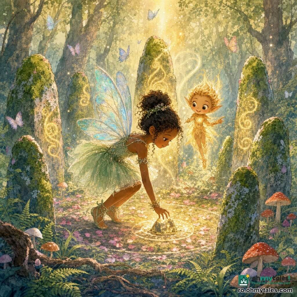 Zâna Alina, o fetiță strălucitoare și hotărâtă, cu aripi translucide cu reflexii albastre și rochiță scurtă din tulle verde pal, apleacă ușor capul pentru a așeza o piatră strălucitoare în centrul unui cerc de menhire masive acoperite cu mușchi și lichen argintiu; Niko, un spiriduș bărbătesc luminos, cât un măr, cu trup de lumină ambră și ochi jucăuși, plutește la nivelul umerilor ei și-i arată drumul; în jur, solul e presărat cu petale roz, ferigi și ciuperci colorate, iar pădurea fermecată, densă, cu trunchiuri groase și lumină aurie, se învăluie într-o ceață joasă; când Alina pune piatra, menhirele încep să lumineze în valuri de aur și o coloană blândă de lumină îi învăluie pe personaje, atmosfera fiind pașnică și magică, paleta sugerată fiind acuarelă pastel (verzi mușchi, orثمر cald, albastru blând, roz pal) cu texturi umede și contururi delicate.